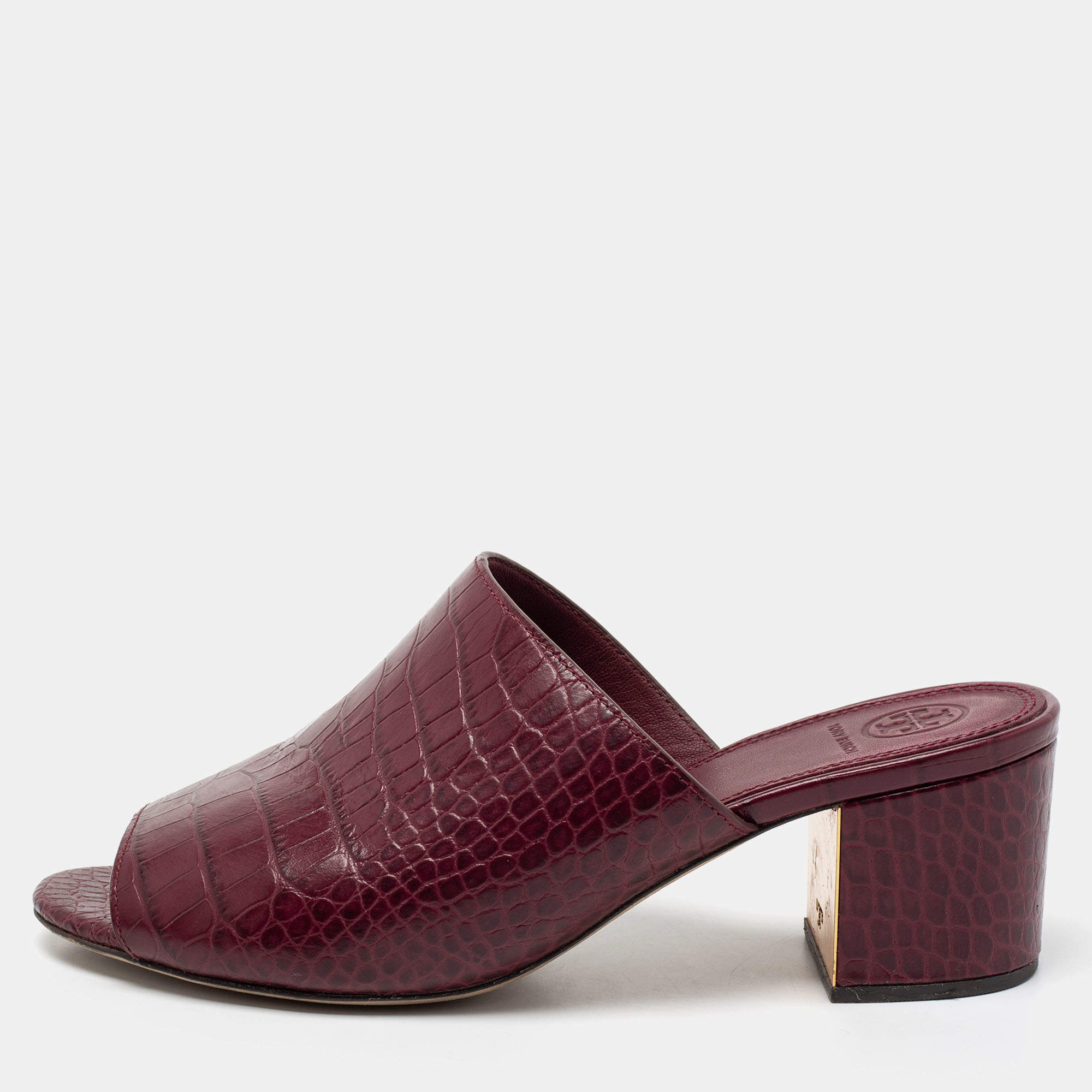 Pre Owned حذاء سلايد توري برش ساليناس جلد نقشة التمساح عنابي منقوش مقدمة مفتوحة مقاس 38.5