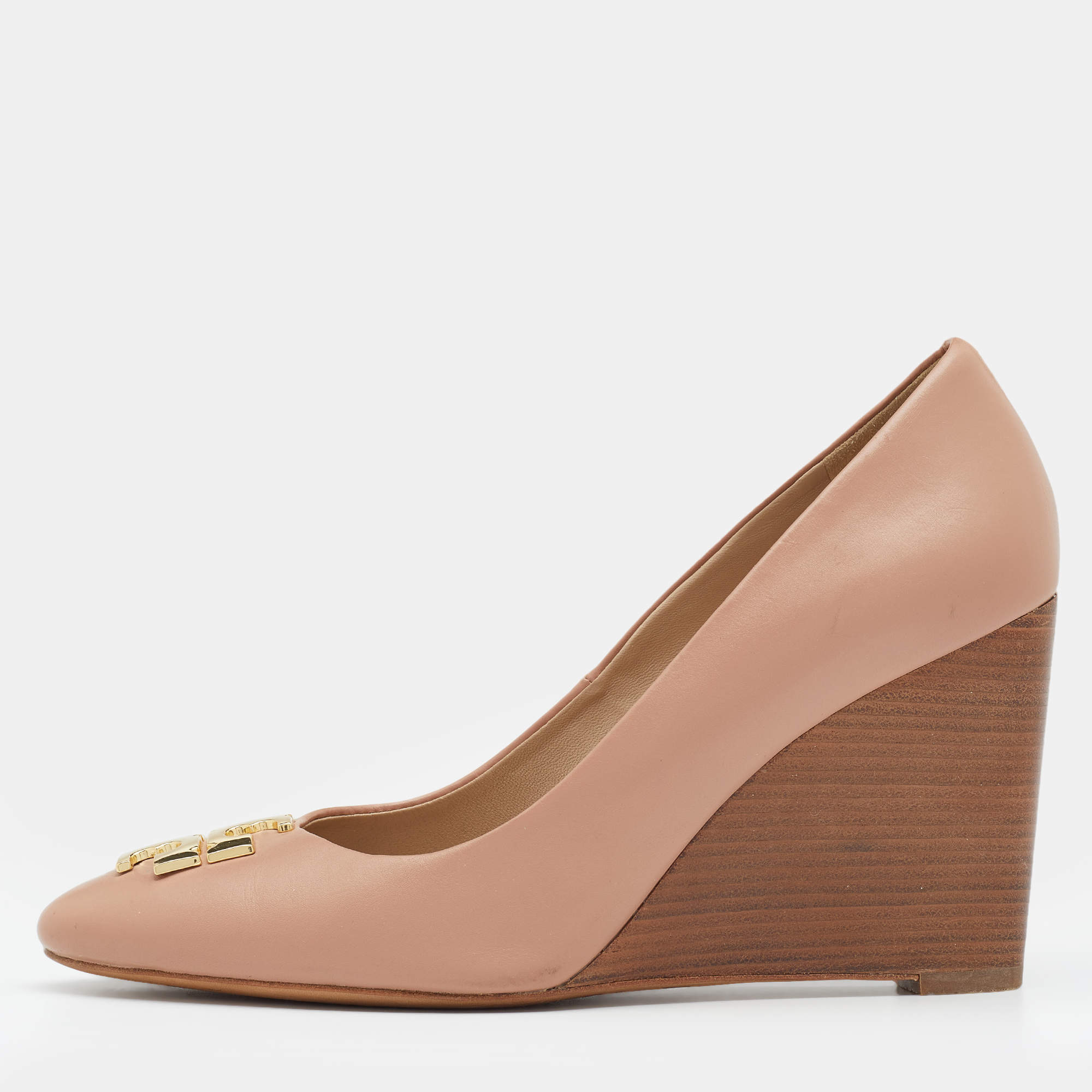 مملوكة مسبقًا حذاء كعب عالي توري برش رالي جلد وردي فاتح بمقدمة مستديرة وكعب روكي مقاس 38.5