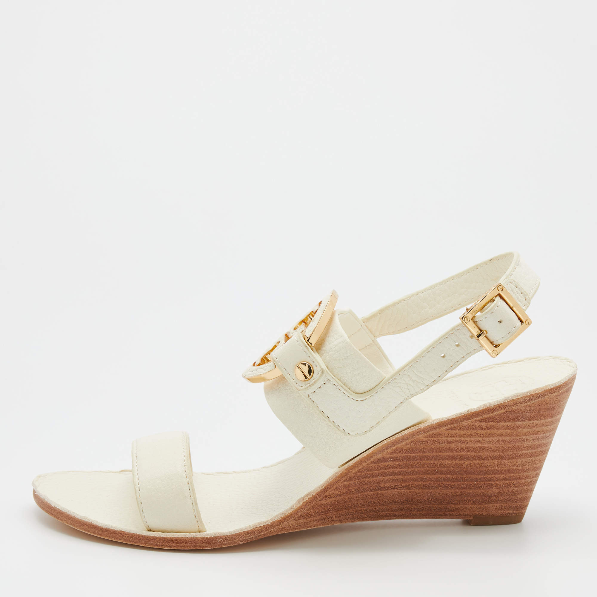 Pre Owned Tory Burch Cream Leather Wedge Sandals Size 38