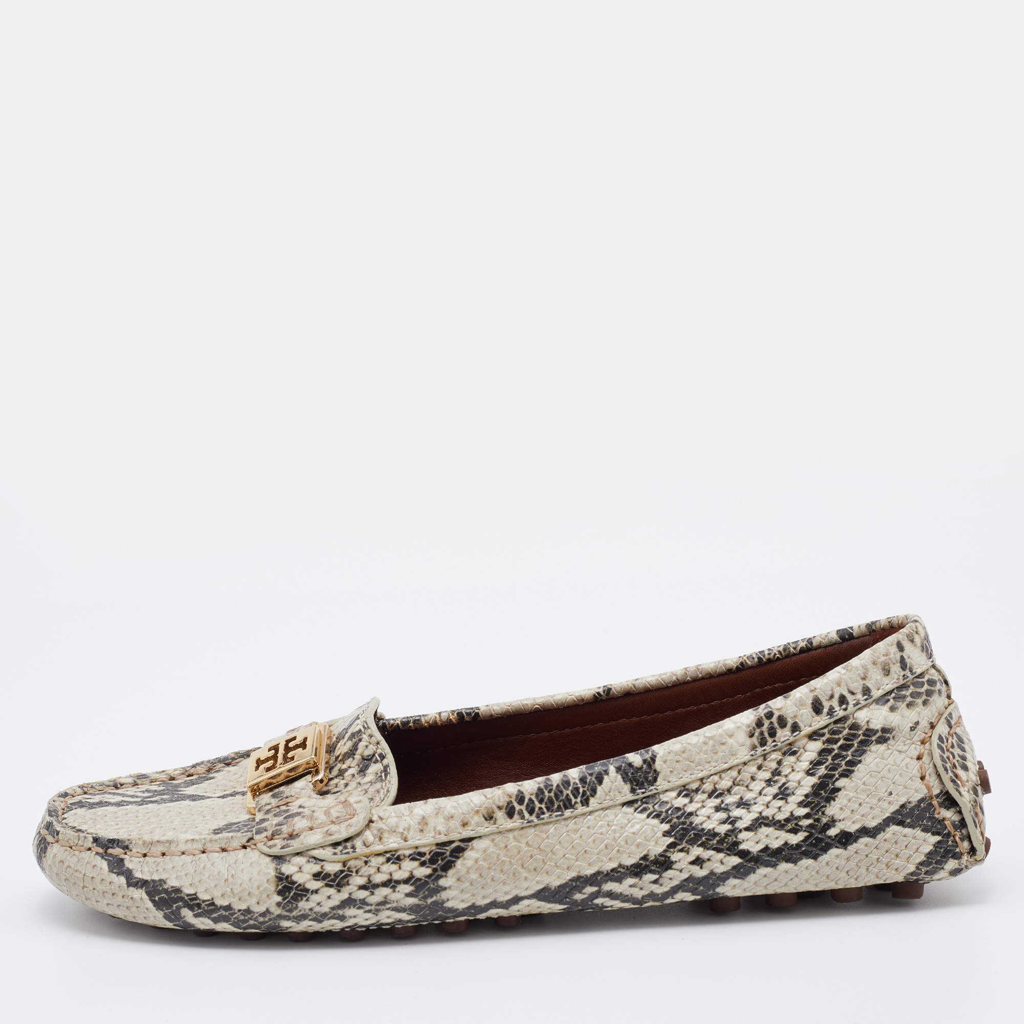 Pre Owned Tory Burch Beige Python Embossed Leather Driving Loafers Size 38.5