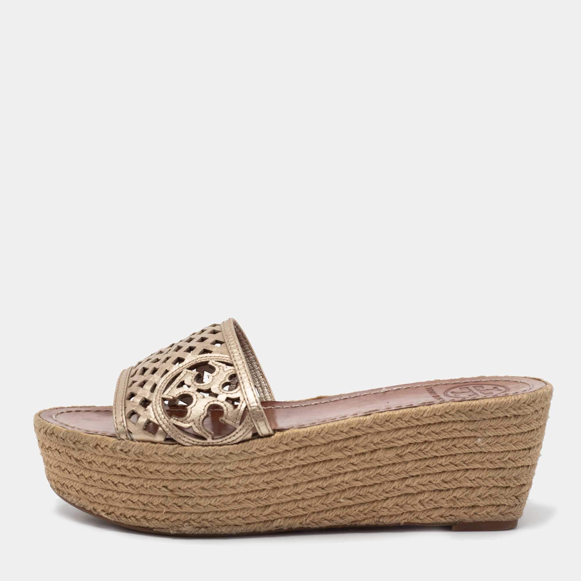 Pre Owned Tory Burch Metallic Gold Leather Thatched Espadrille Platform Wedge Sandals Size 38