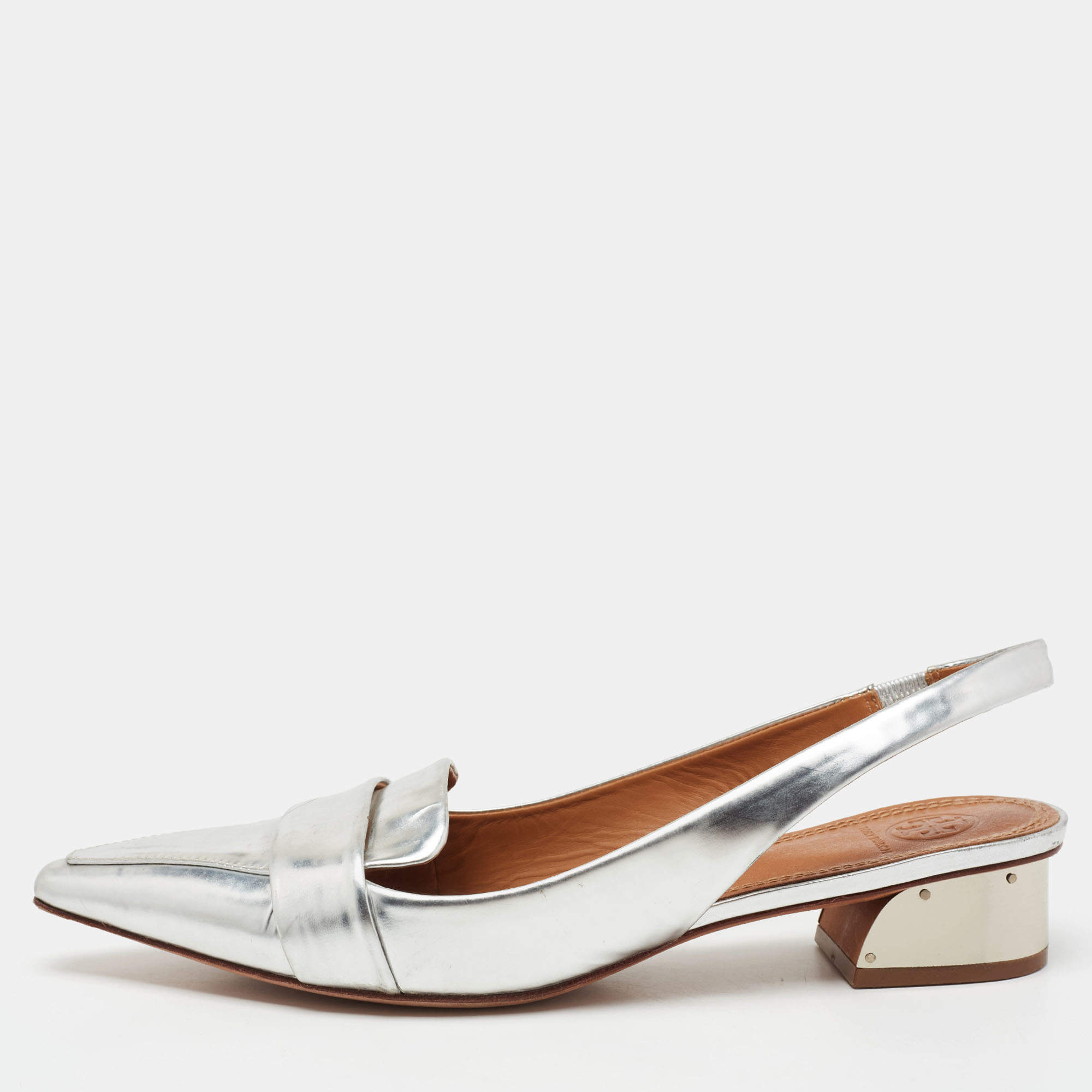 مملوكة مسبقًا صندل توري برش جلد فضي فتحة كعب مقاس 40