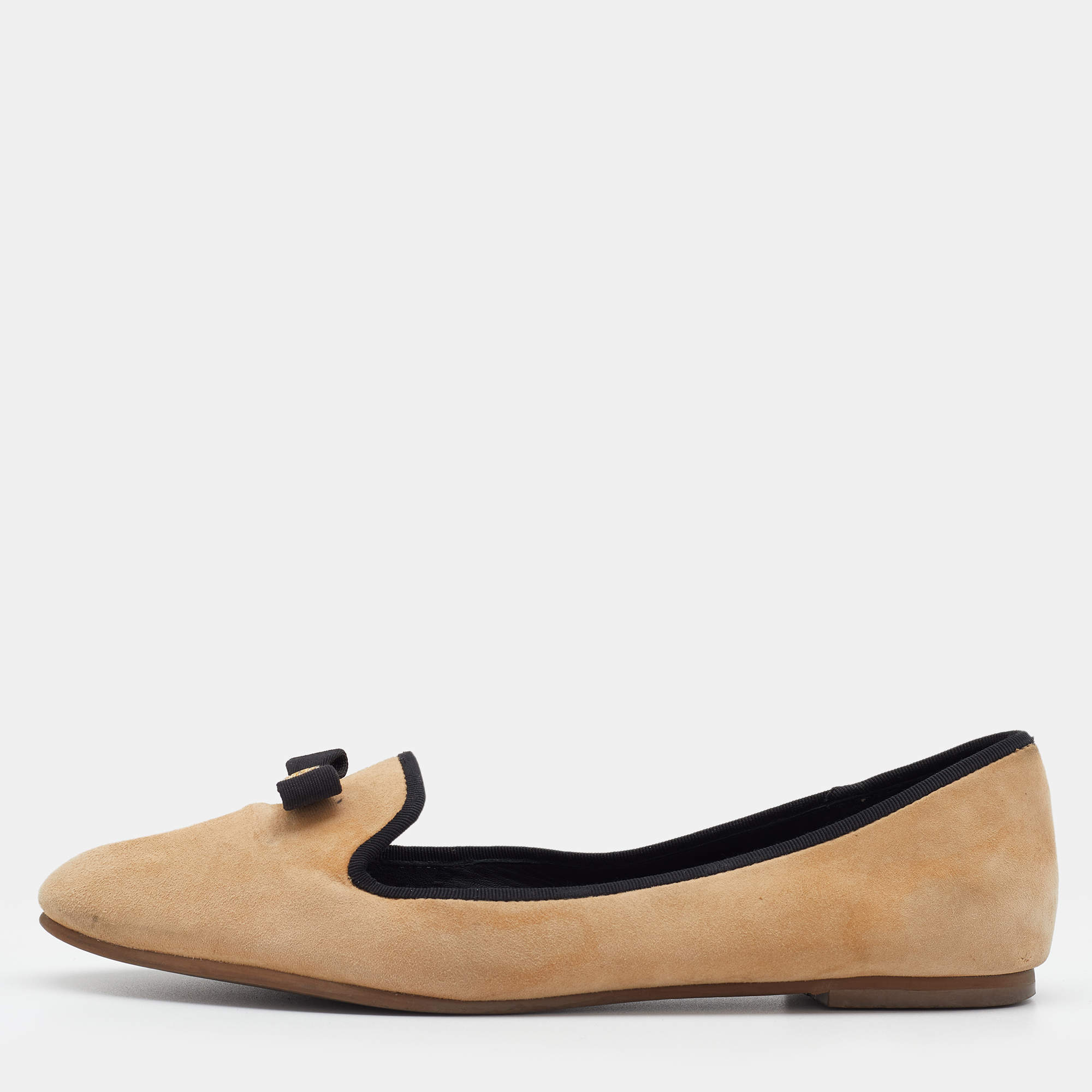 Pre Owned Tory Burch Beige Suede Bow Smoking Slippers Size 38.5