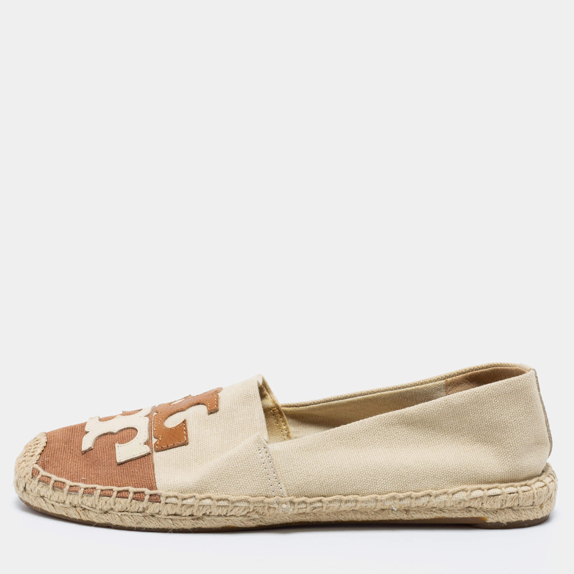 مملوكة مسبقًا Tory Burch Beige/Brown Canvas Espadrille Flats Size 38.5