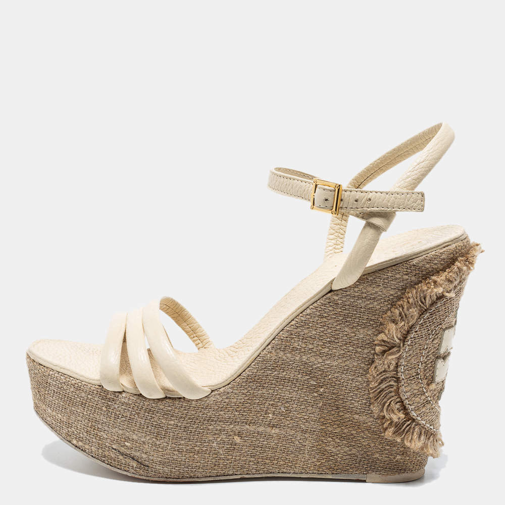 Pre Owned Tory Burch Cream Leather Ankle Strap Wedge Sandals Size 38