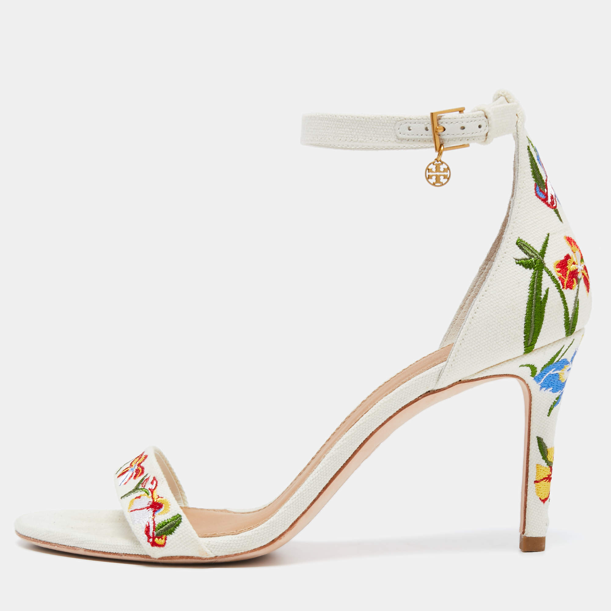 Pre Owned Tory Burch Off-White Embroidered Canvas Ankle Strap Sandals Size 39.5