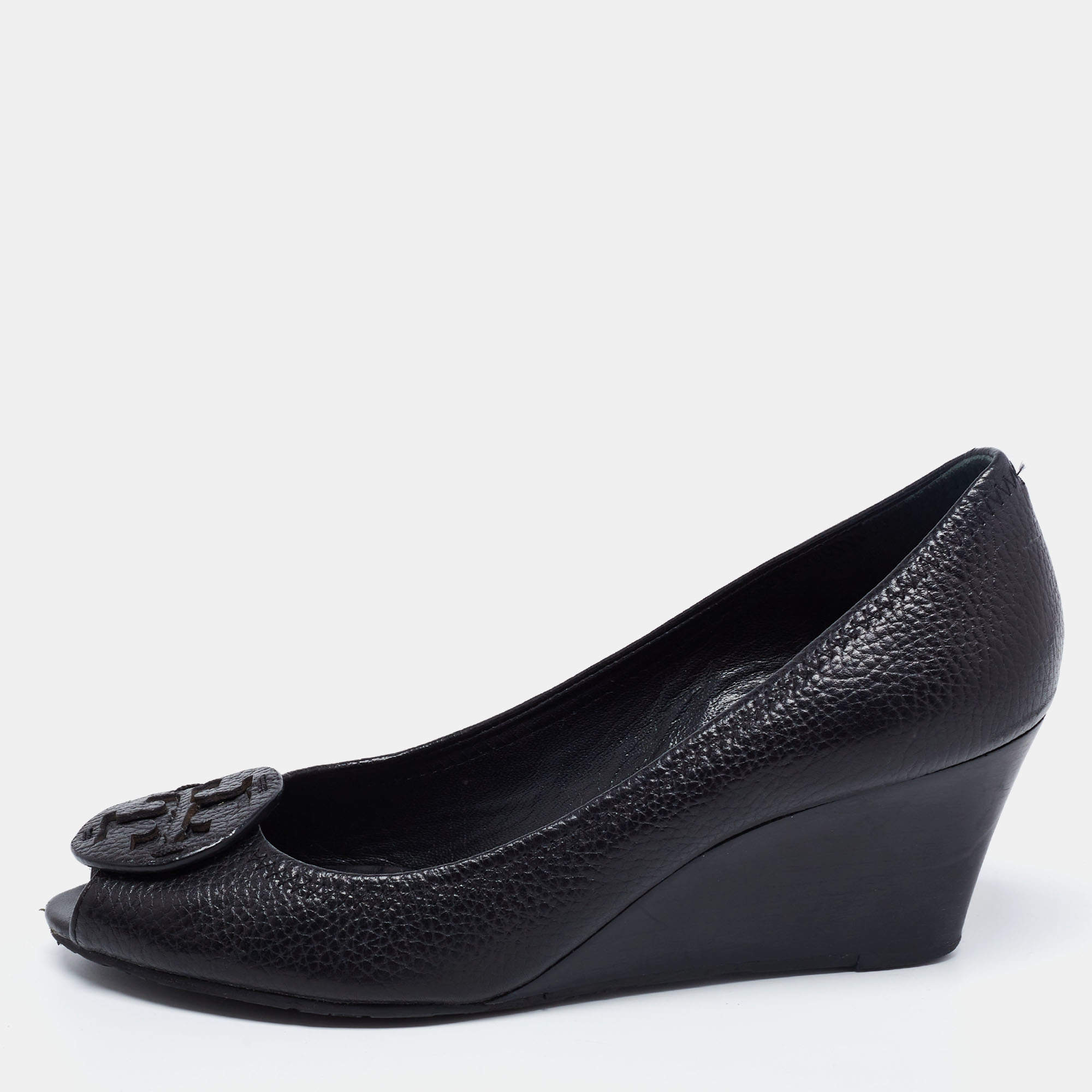 Pre Owned Tory Burch Black Leather Sophie Peep-Toe Wedge Pumps Size 40.5