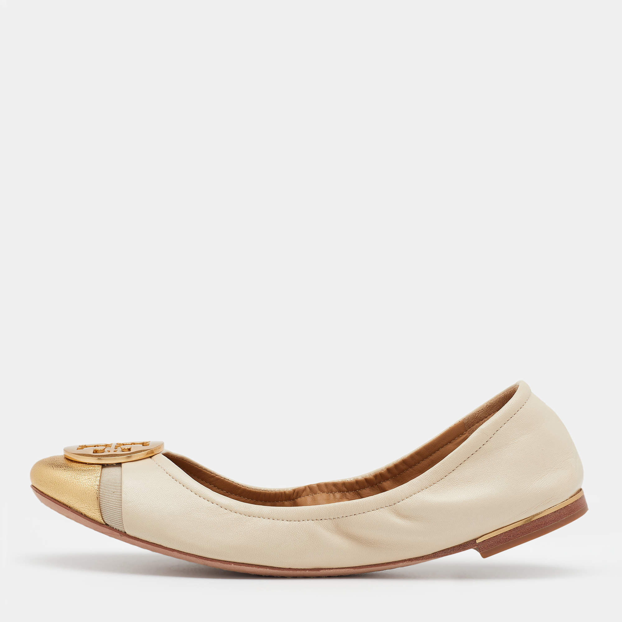 Pre Owned Tory Burch Beige/Gold Leather Logo Plaque Scrunch Ballet Flats Size 38