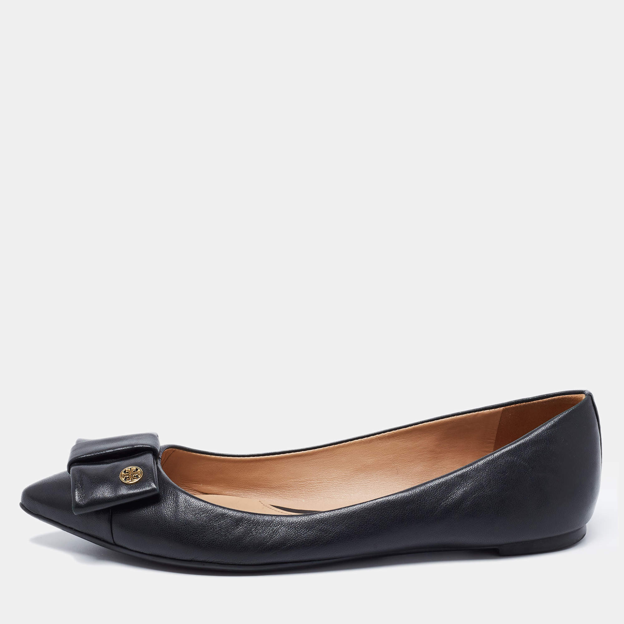Pre Owned Tory Burch Black Leather Bow Ballet Flats Size 38