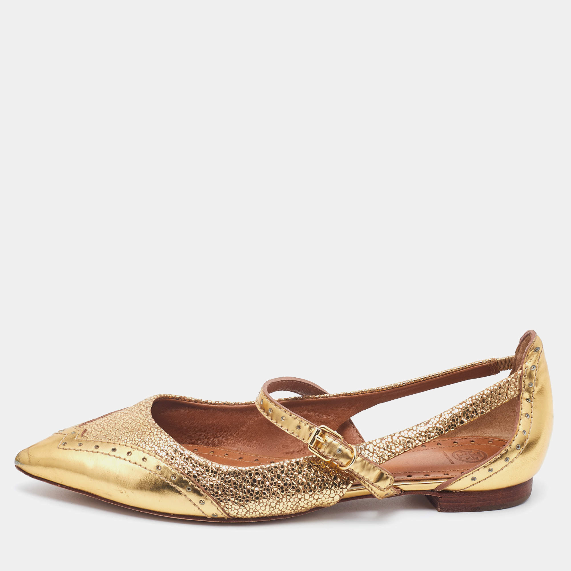 Tory Burch Gold Leather Bernadette Pointed Toe Mary Jane Ballet Flats Size 38
