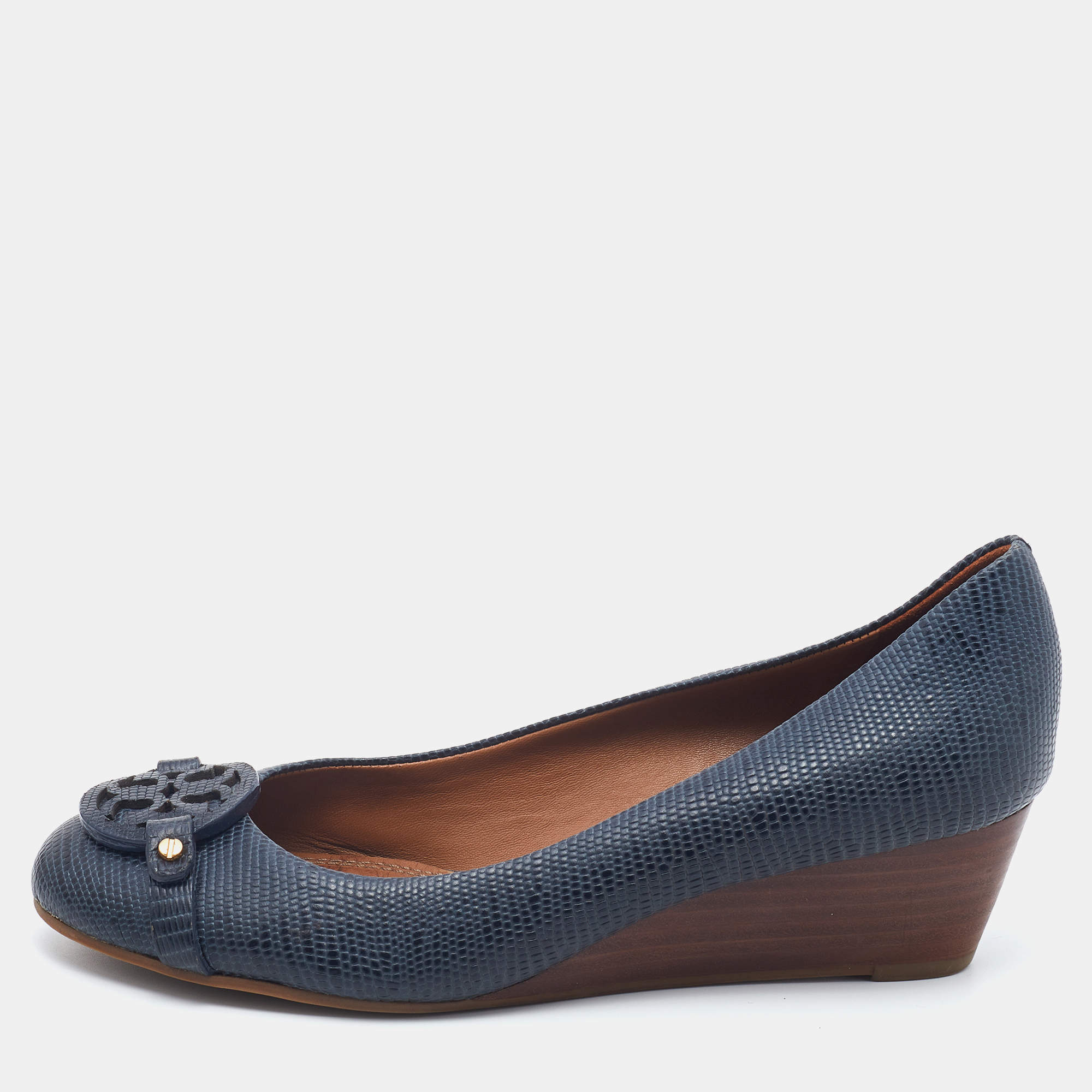 Pre Owned Tory Burch Navy Blue Lizard Embossed Leather Wedge Pumps Size 37.5