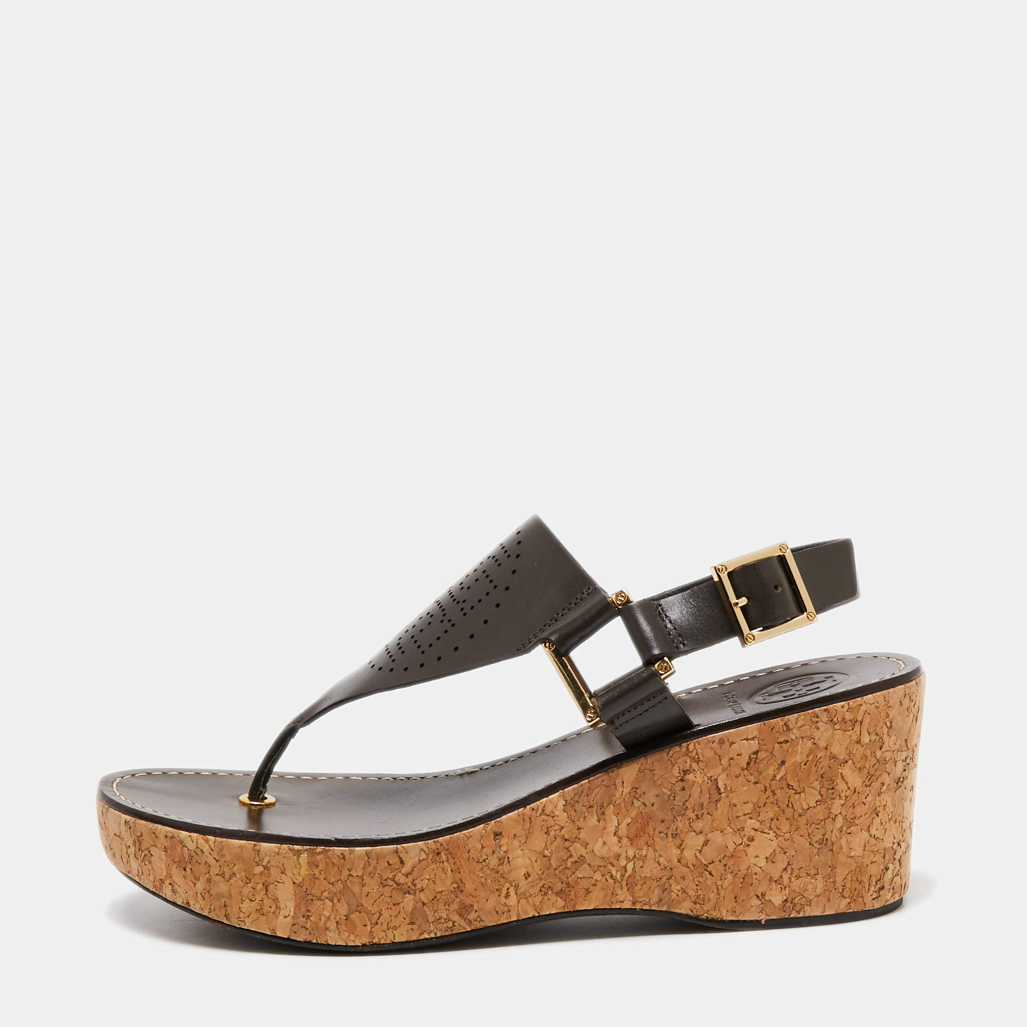 Tory Burch Brown Leather Cork Wedge Platform Thong Sandals Size 38 Tory  Burch | TLC