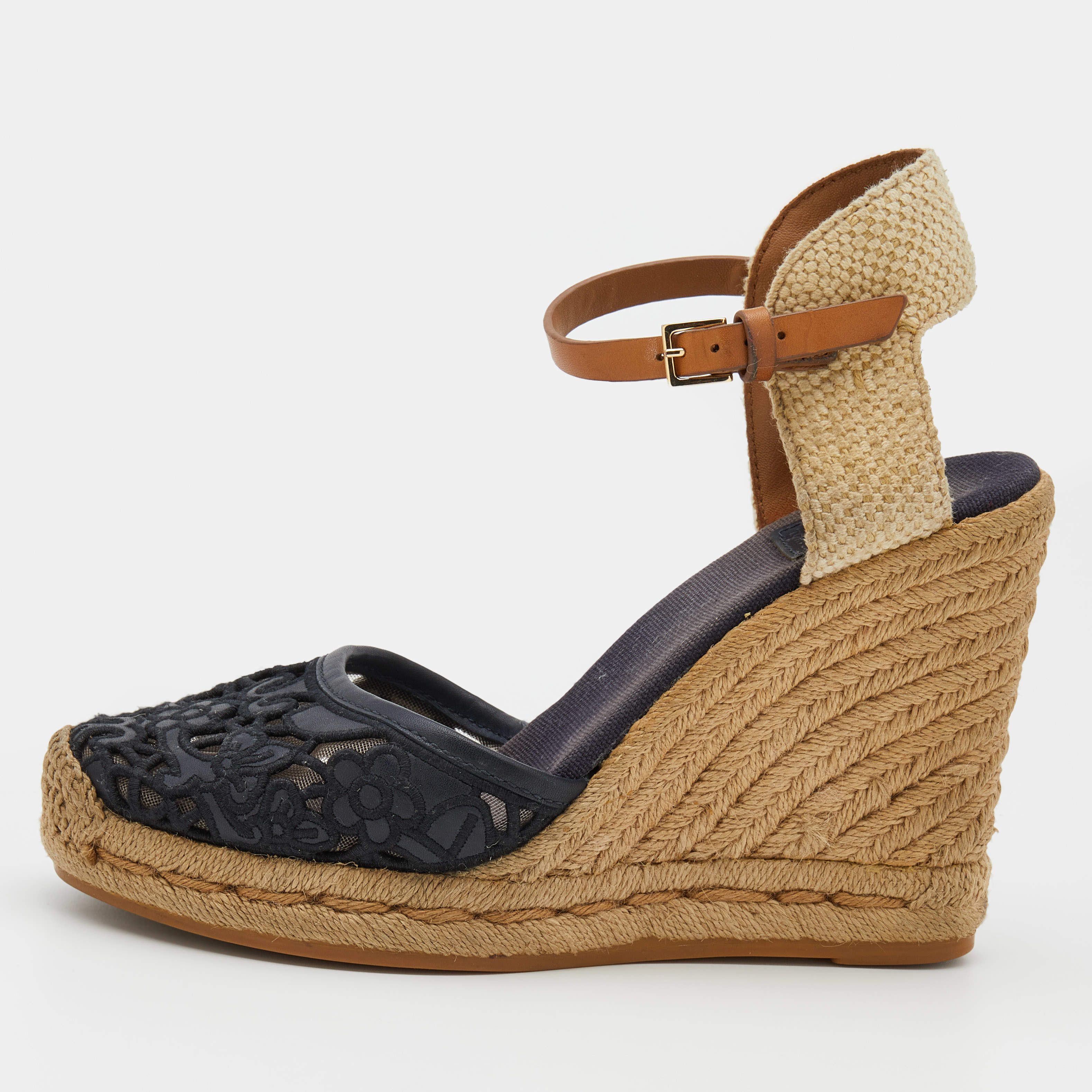 Pre Owned Tory Burch Dark Blue/Beige Lace And Woven Jute Wedge Espadrille Sandals Size 38.5