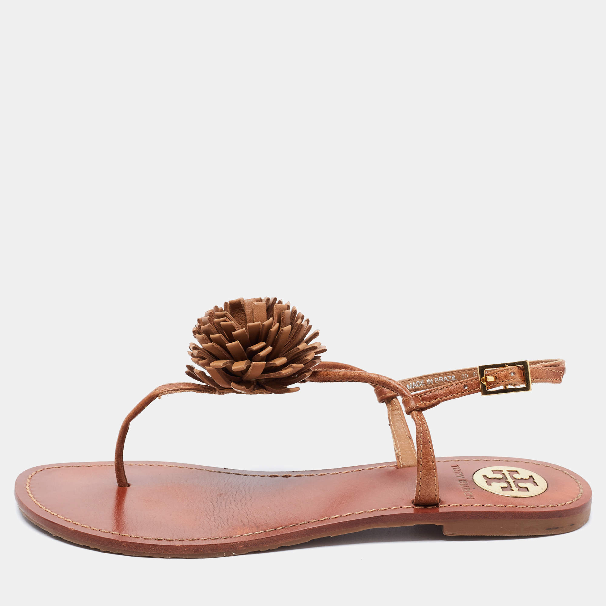 Pre Owned Tory Burch Brown Leather Thong Flat Sandals Size 36.5