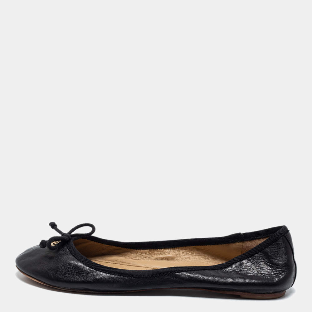Pre Owned Tory Burch Black Leather Bow Ballet Flats Size 39