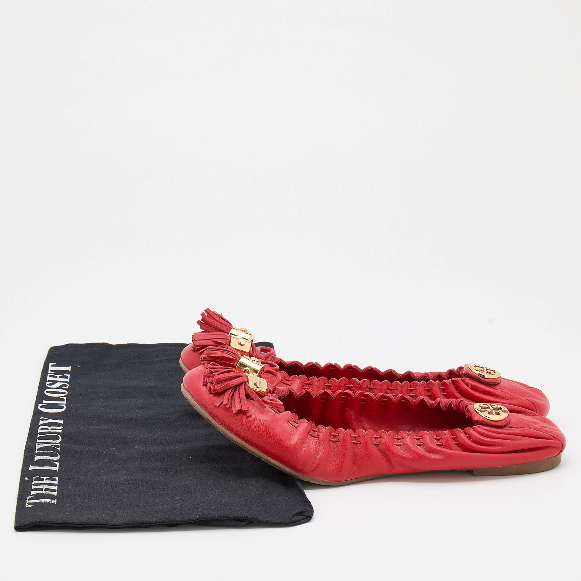 Tory Burch Red Leather Reese Tassel Scrunch Ballet Flats Size 38 Tory Burch  | TLC