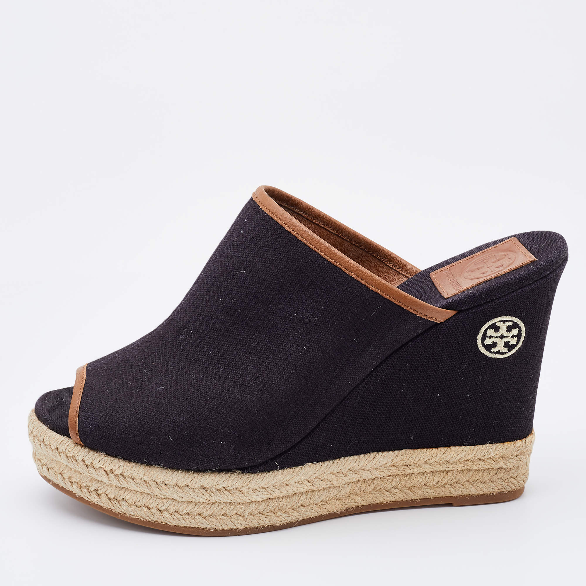 Pre Owned Tory Burch Black Canvas Wedge Open Toe Sandals Size 38