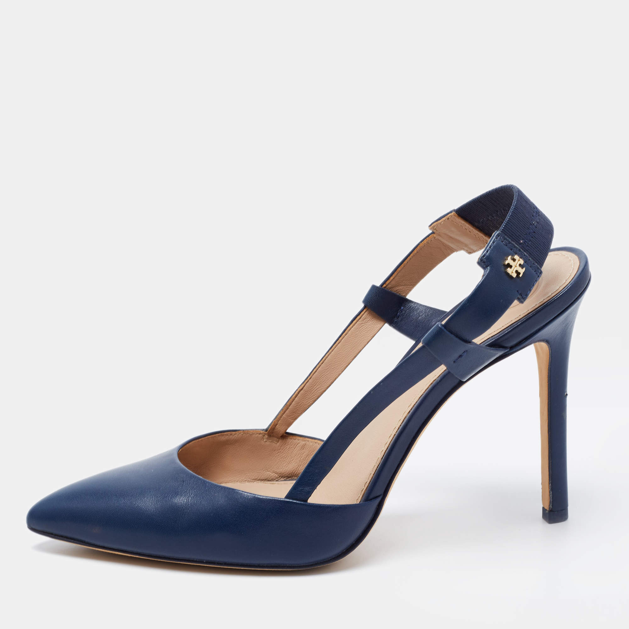 Pre Owned Tory Burch Navy Blue Leather Pointed Toe Slingback Pumps Size 37.5