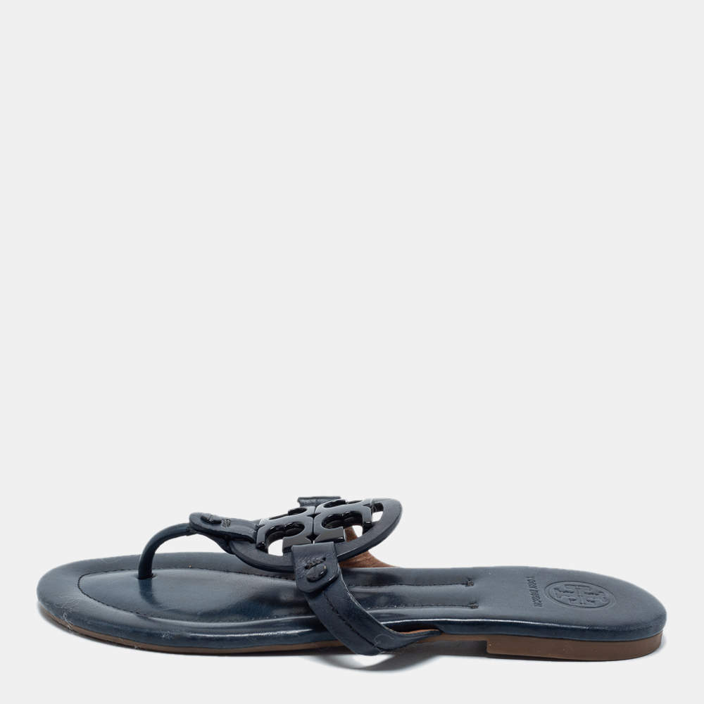 Pre Owned Tory Burch Navy Blue Leather Miller Thong Flats Size 37