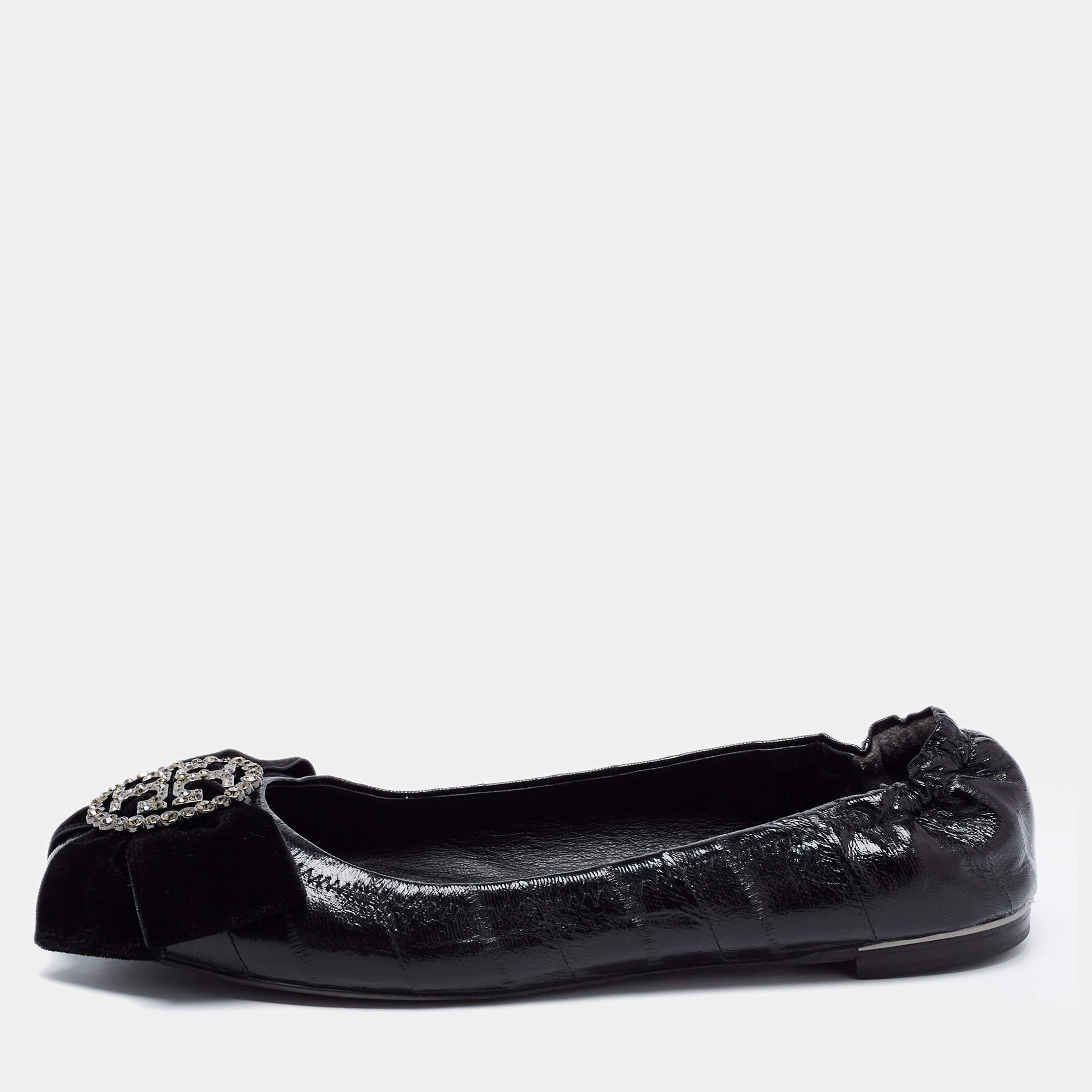 Pre Owned Tory Burch Black Leather Ballet Scrunch Flats Size 37.5