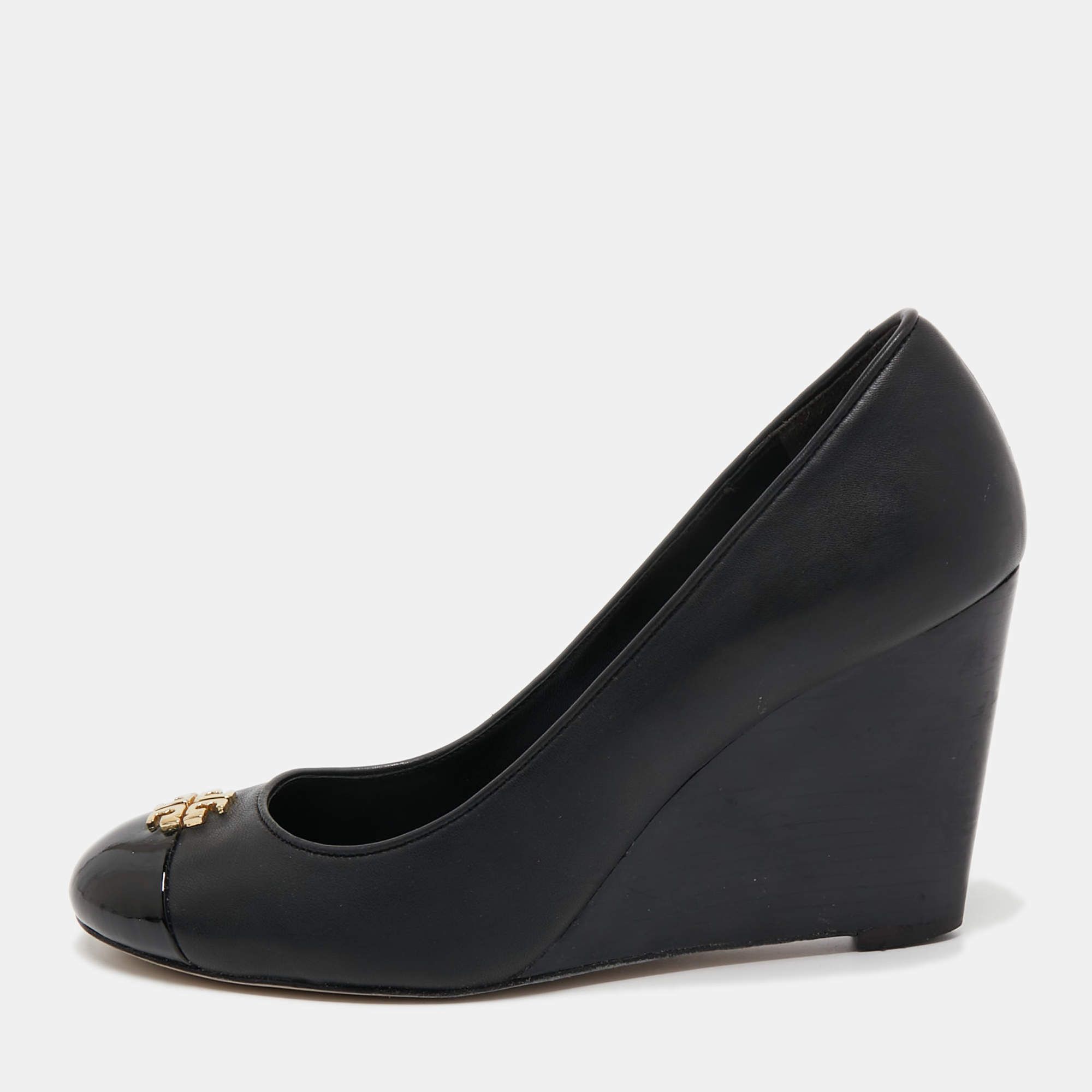 Pre Owned Tory Burch Black Leather and Patent Cap Toe Reva Wedge Pumps Size 37