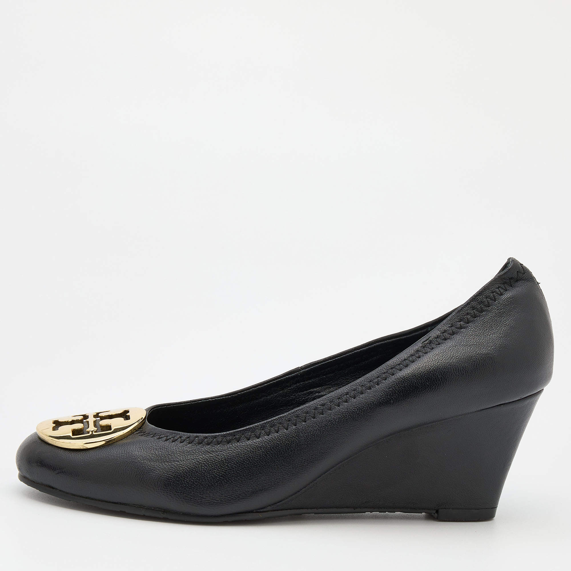 Pre Owned Tory Burch Black Leather Sally Wedge Pumps Size 37