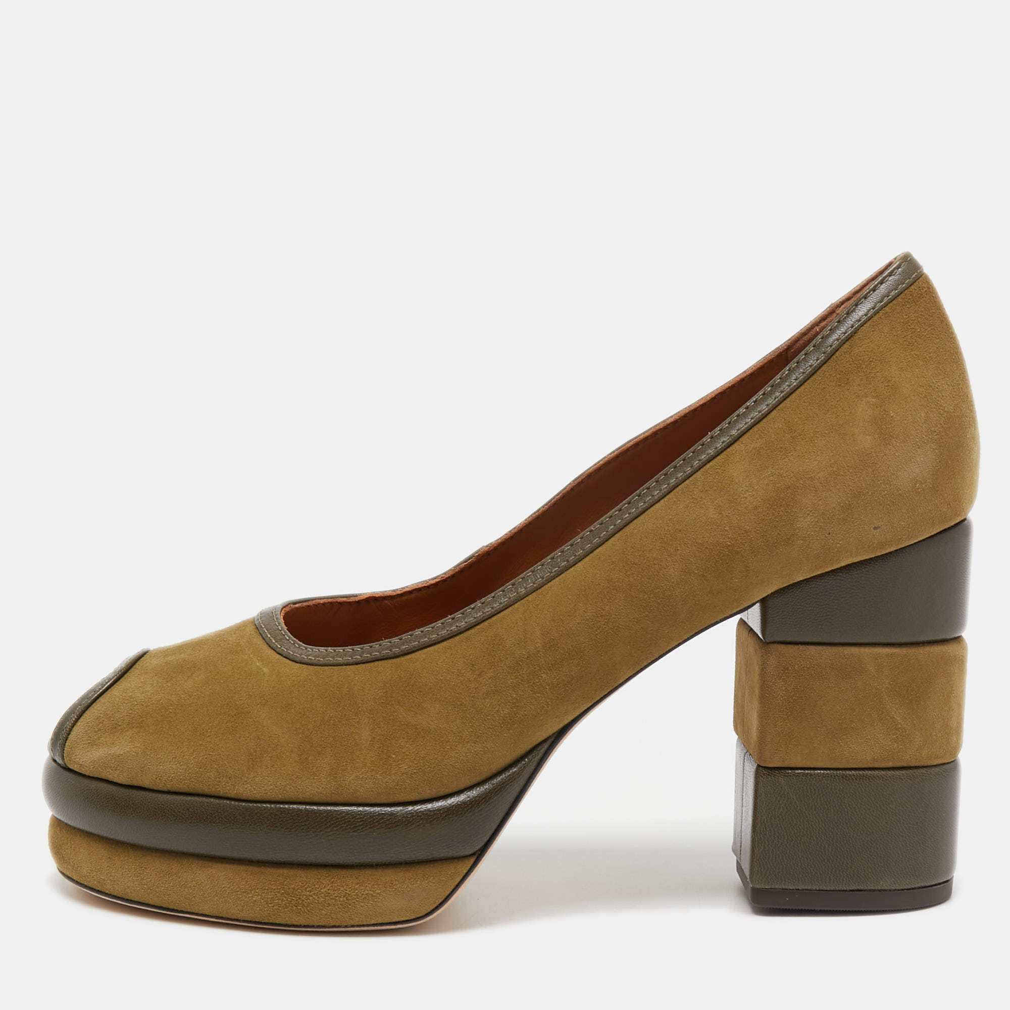 Pre Owned Tory Burch Green Suede and Leather Platform Pumps Size 38.5