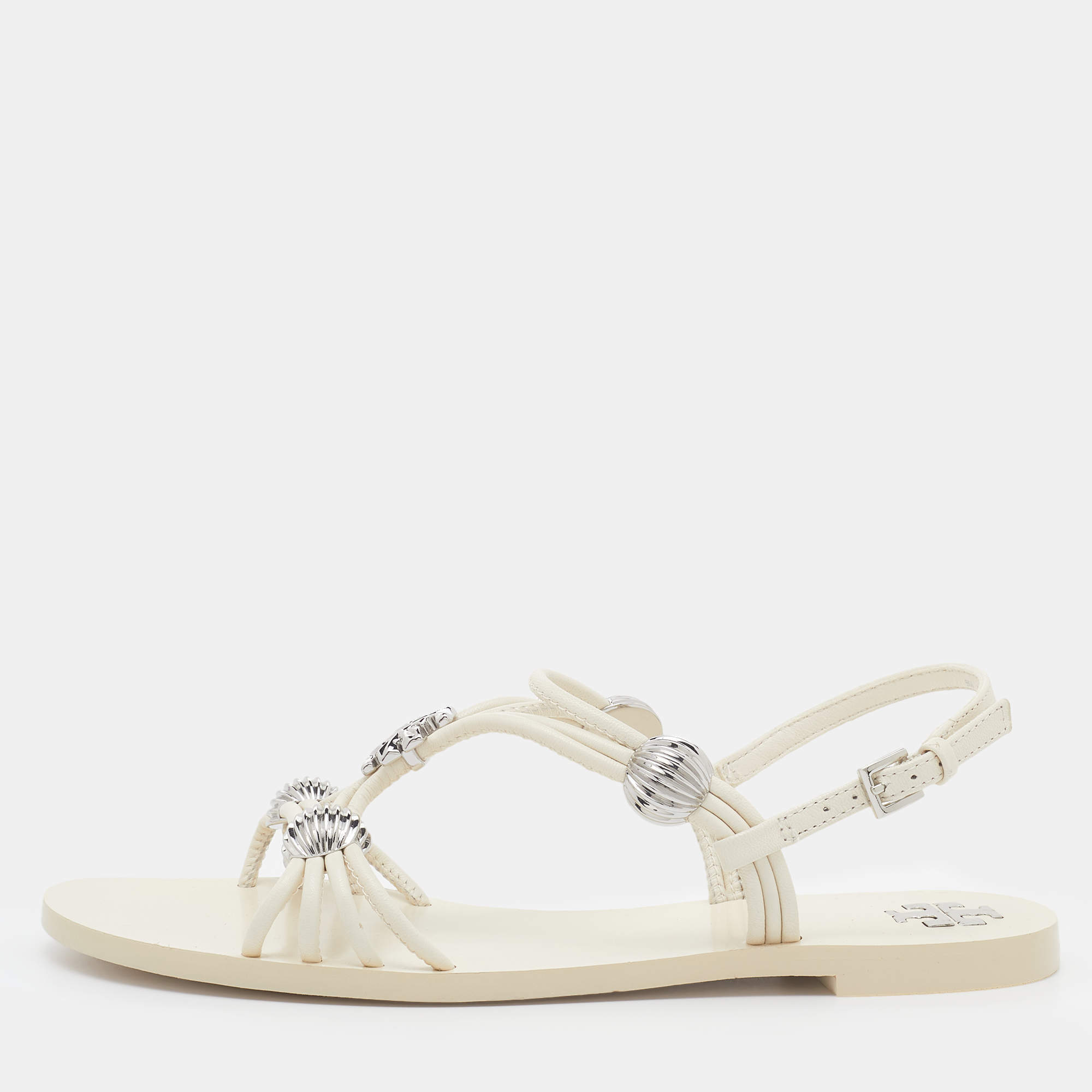 Tory Burch Off White Leather Embellished Flat Sandals Size 35 Tory Burch |  TLC