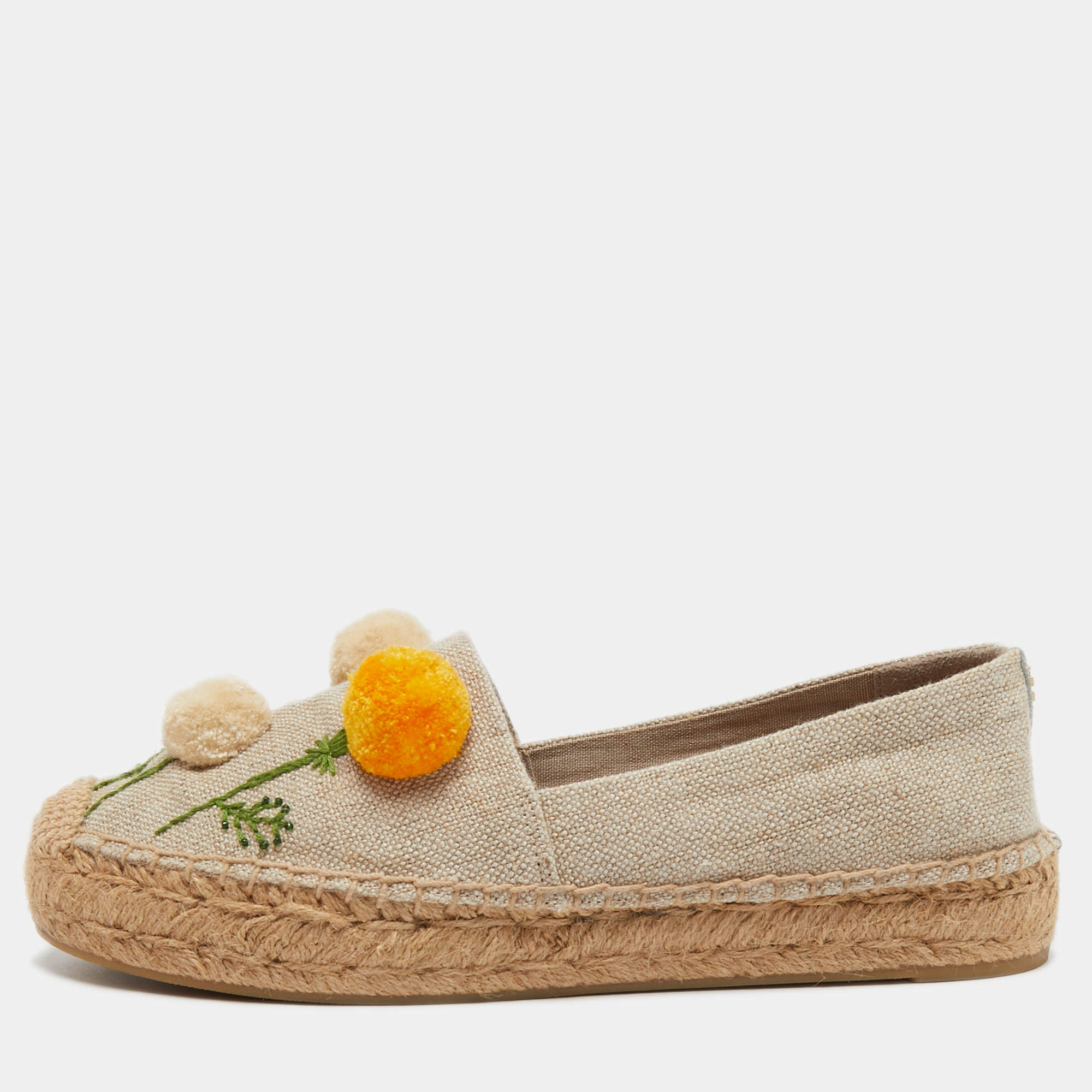 Pre Owned Tory Burch Beige Canvas Pom Pom Detail Espadrilles Flats Size 39.5