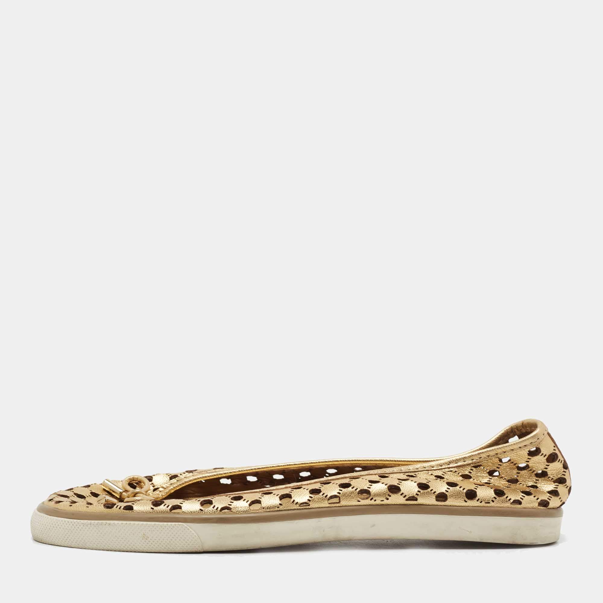 Pre Owned Tory Burch Metallic Gold Leather Cut Out Ballet Flats Size 38