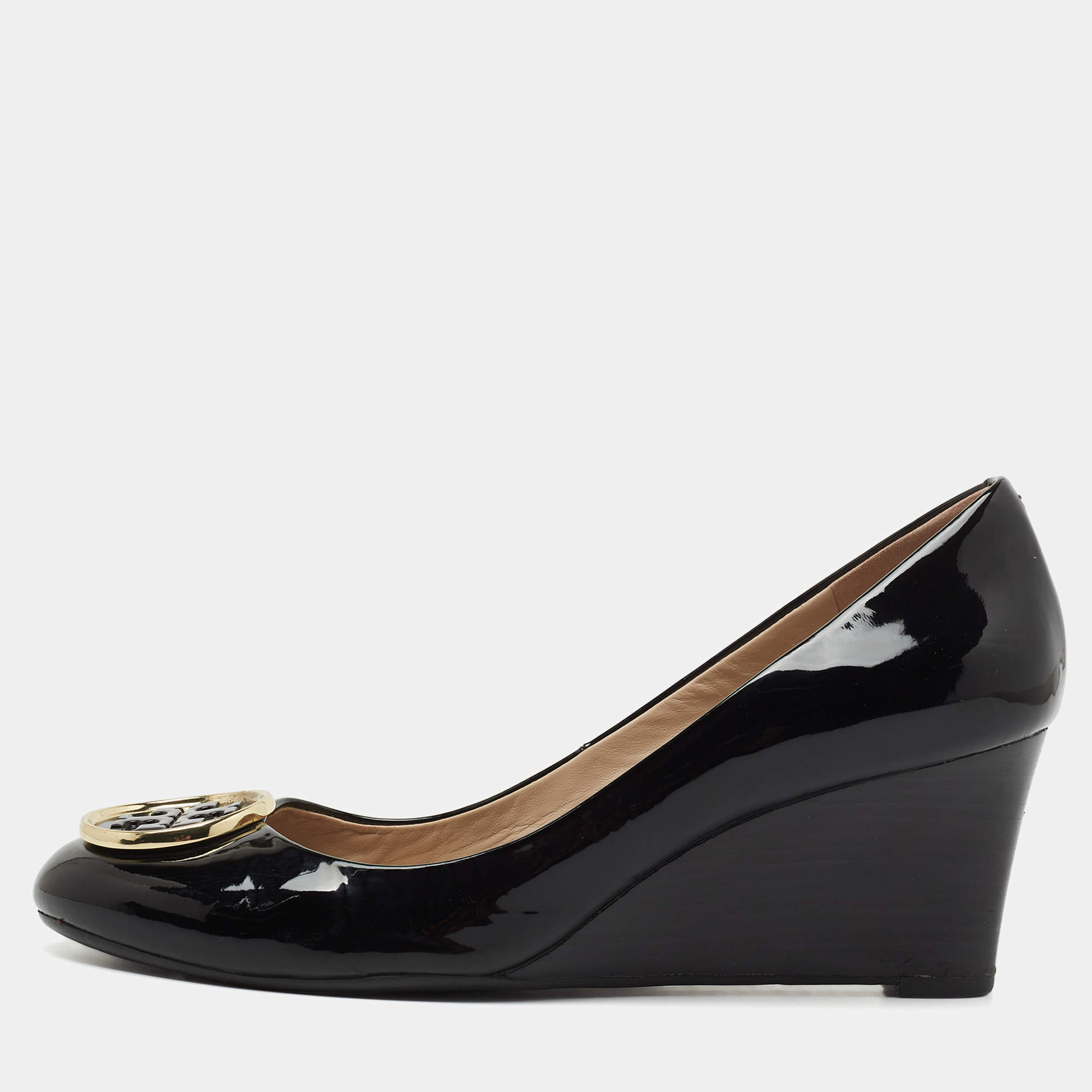 Pre Owned Tory Burch Black Patent Leather Twiggie Wedge Pumps Size 39