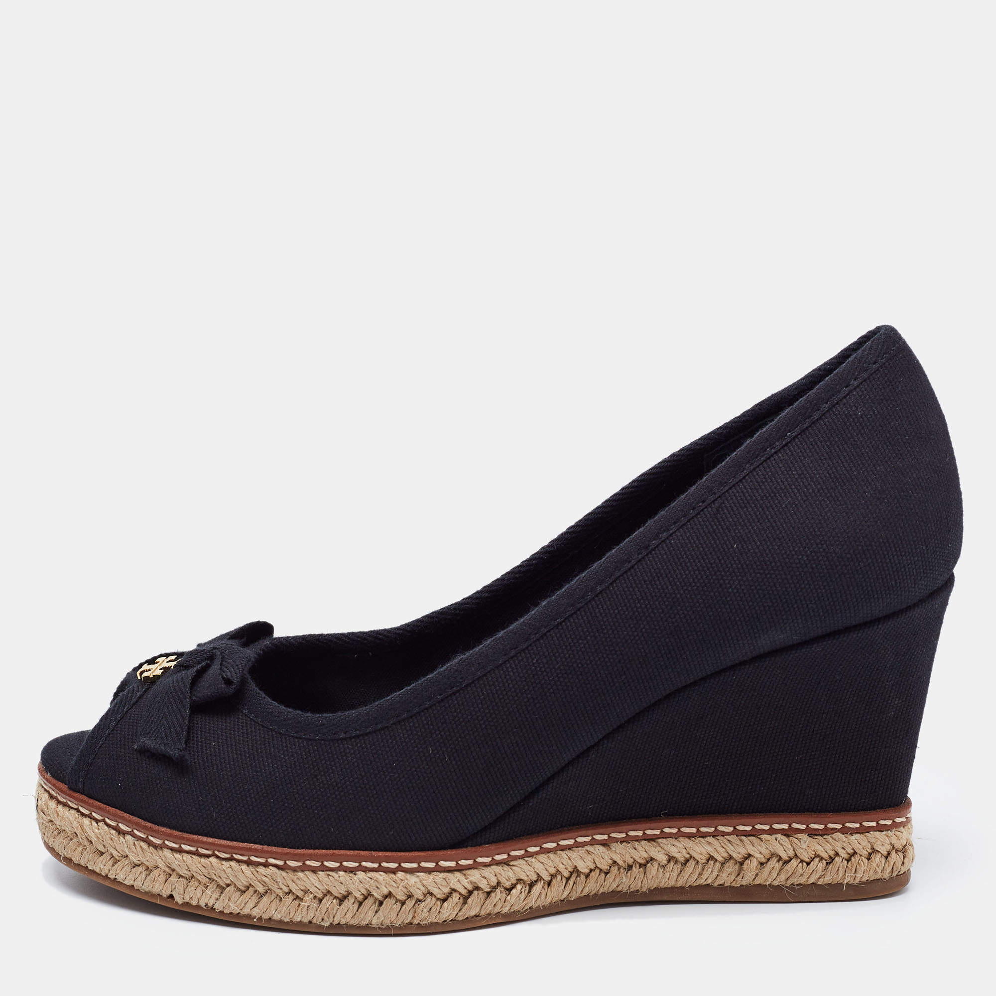Pre Owned Tory Burch Black Canvas Jackie Wedge Espadrille Pumps Size 38.5