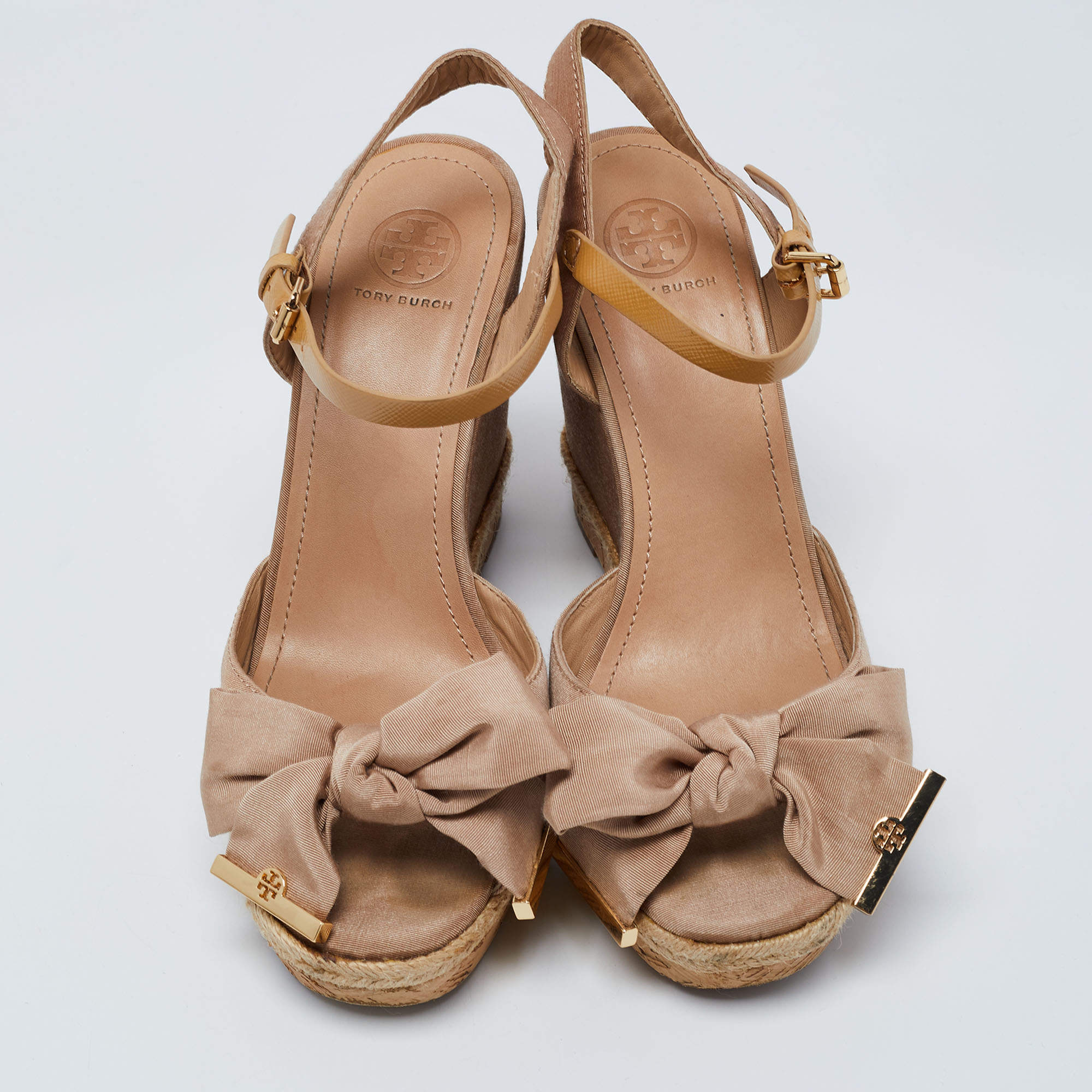 Tory Burch Beige Fabric and Leather Bow Penny Wedge Sandals Size  Tory  Burch | TLC
