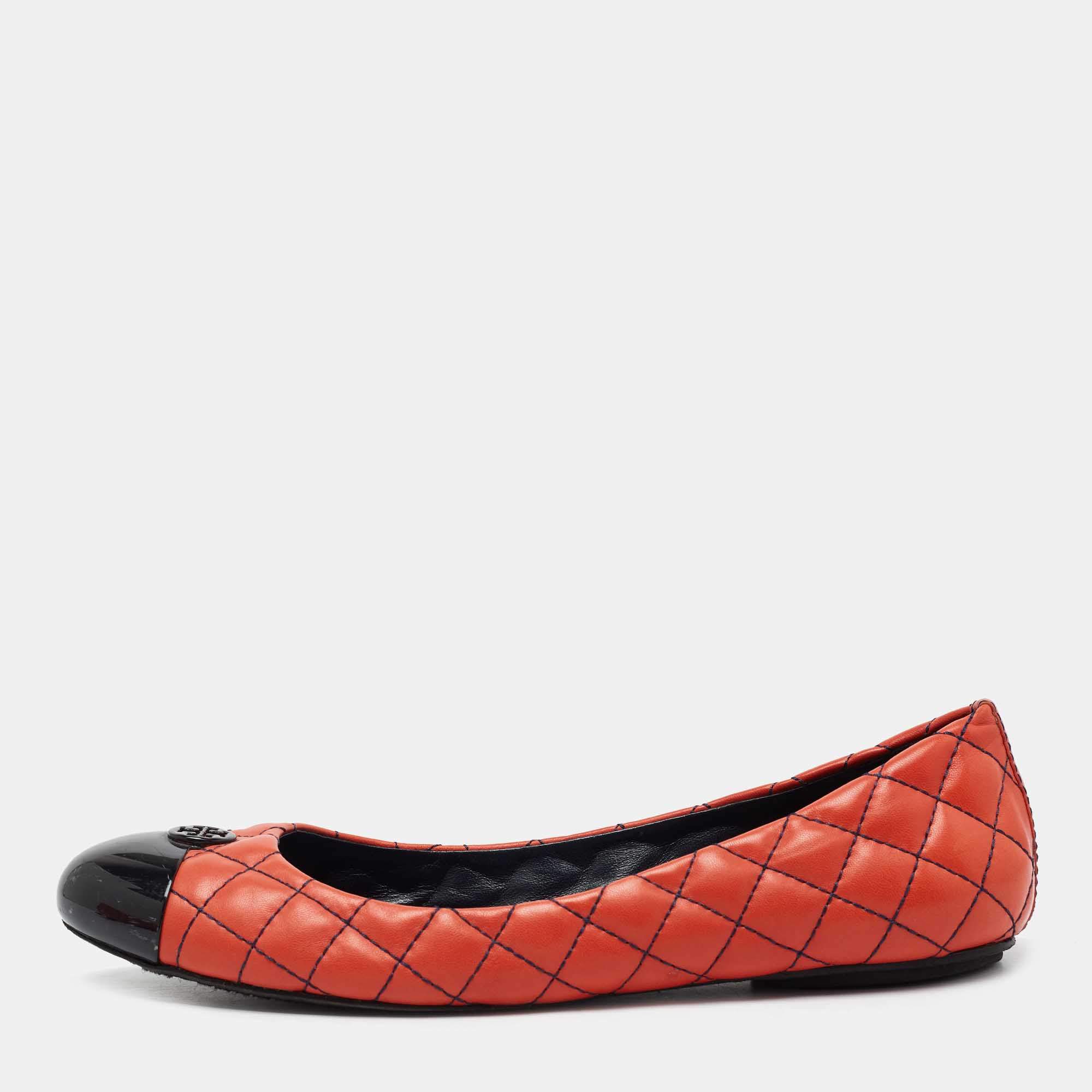 Pre Owned Tory Burch Orange/Black Quilted Leather and Patent Cap Toe Kaitlin Ballet Flats Size 39
