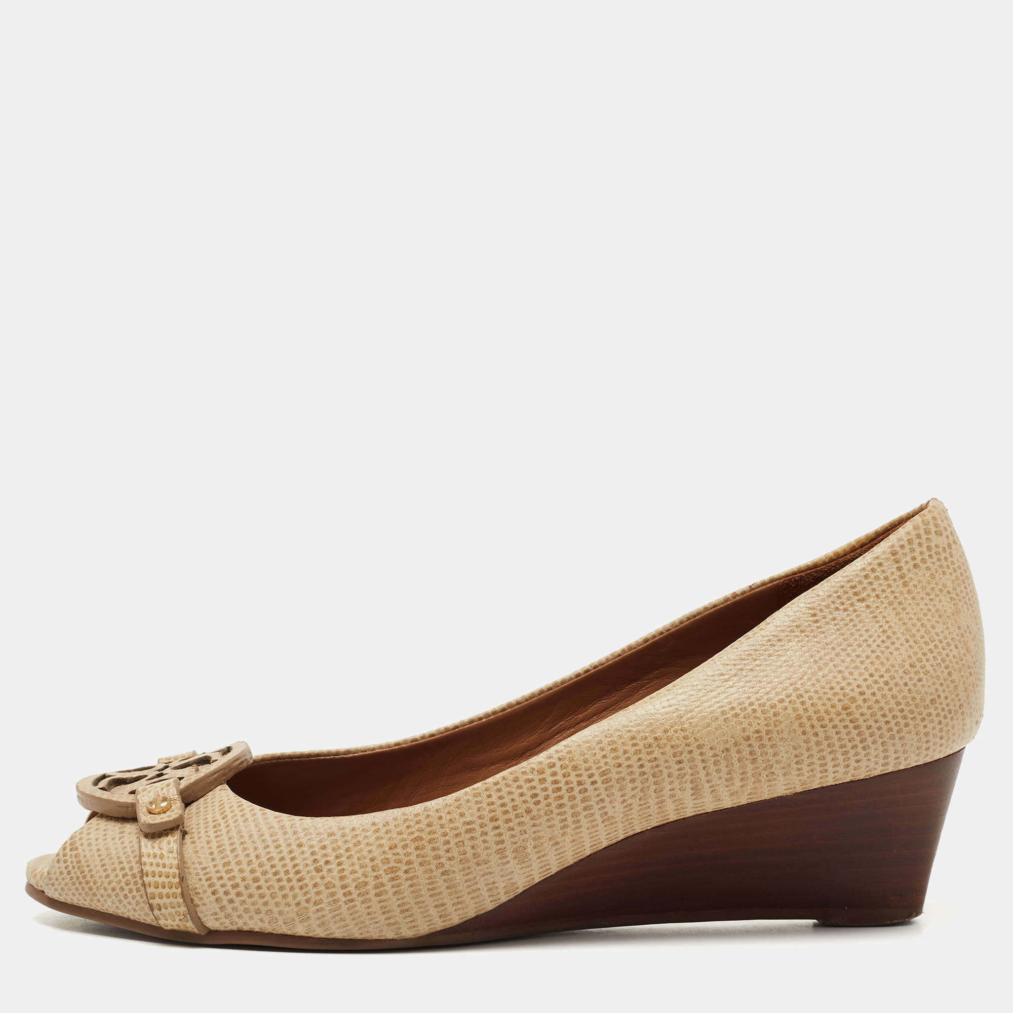 Pre Owned Tory Burch Beige Embossed Lizard Leather Julianne Peep Toe Wedge Pumps Size 37.5