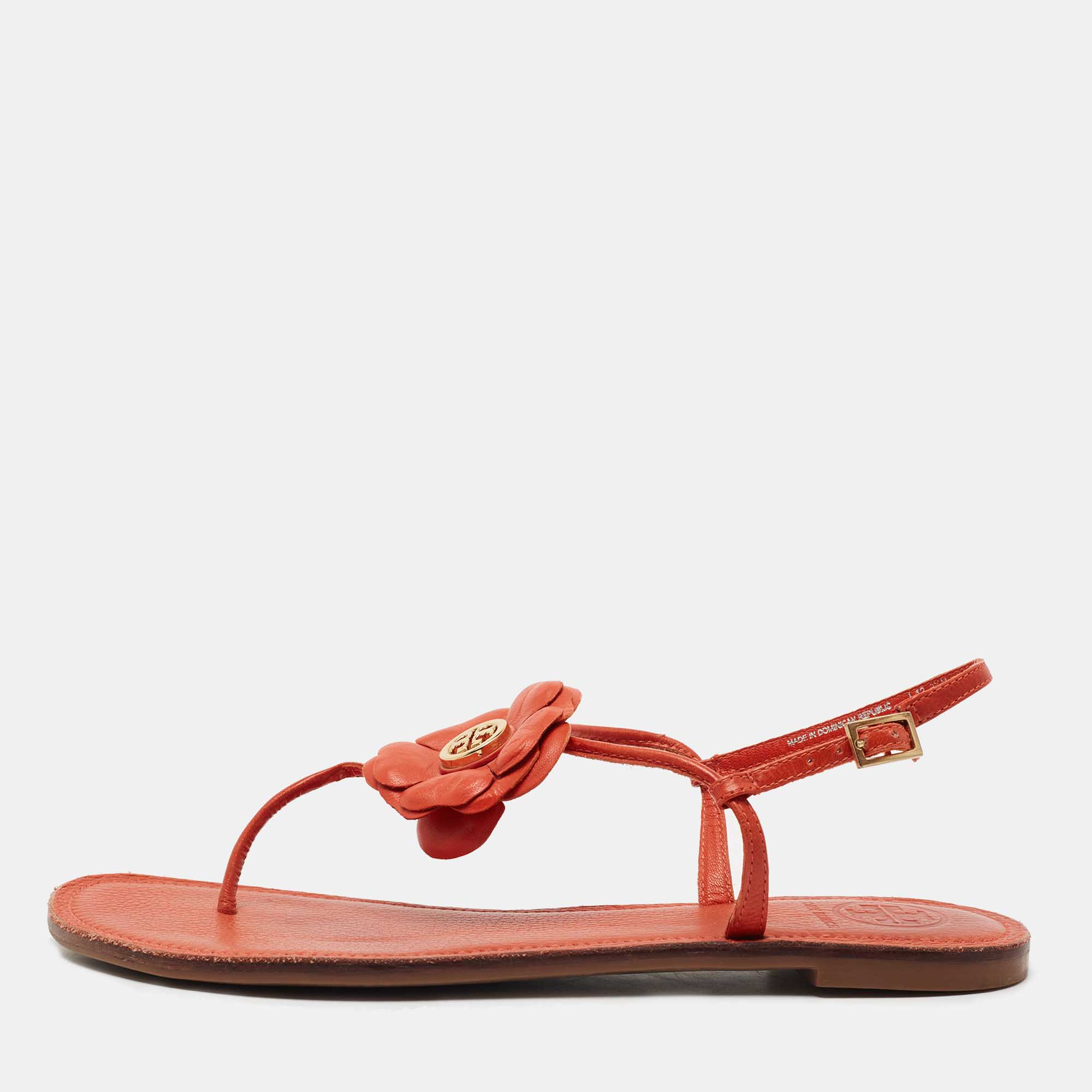 Tory Burch Orange Leather Flower Ankle Strap Flat Sandals Size 40 Tory Burch  | TLC