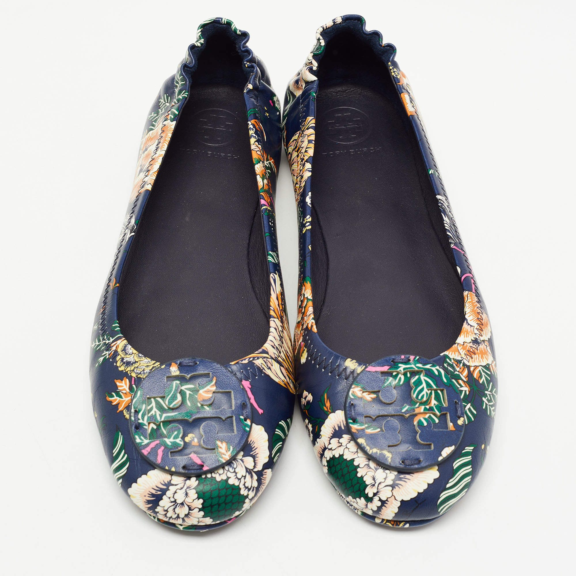 NIB Tory Burch Navy Blue Tea Rose Floral Minnie Travel Ballet Flats   