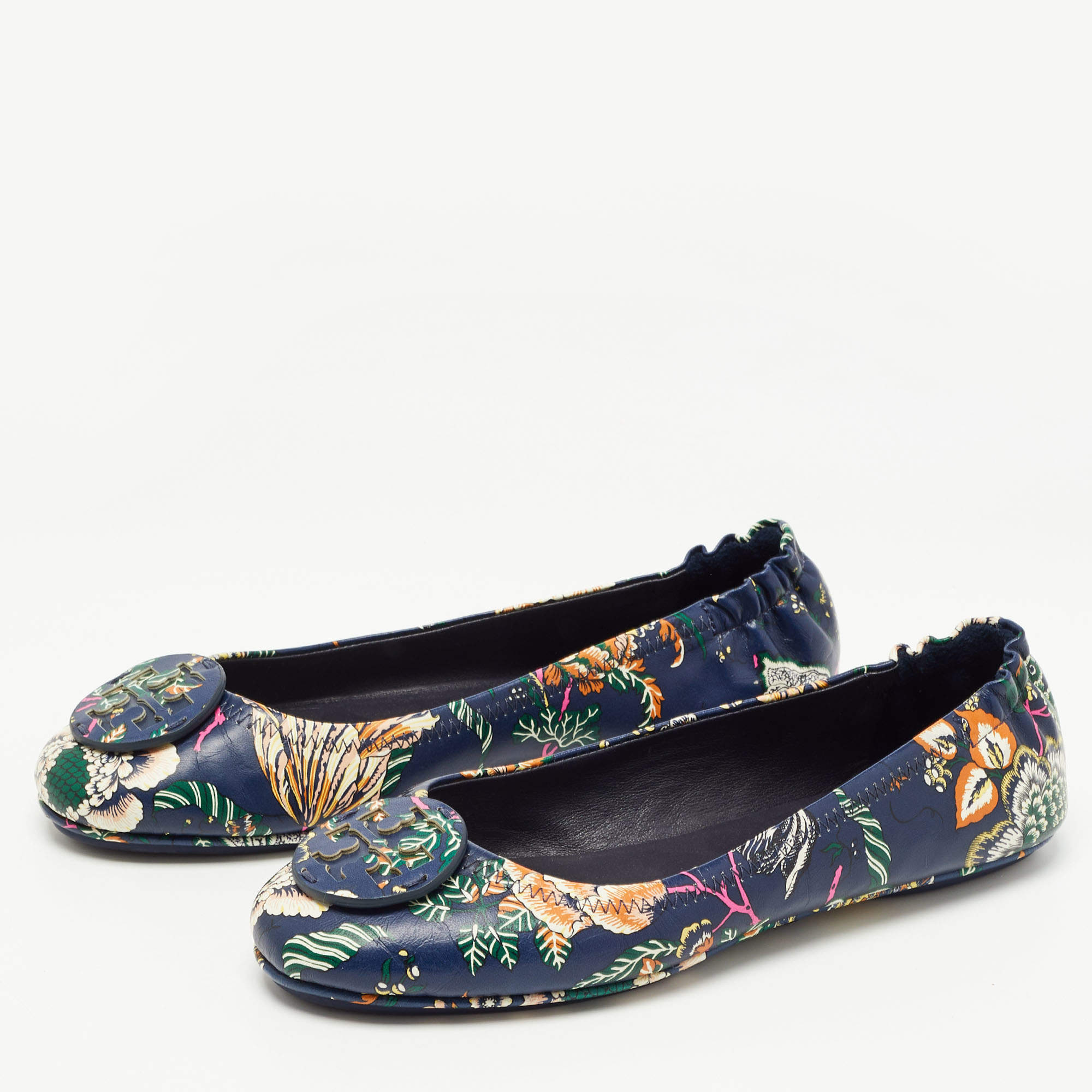 Tory Burch Navy Blue Printed Floral Leather Minnie Travel Ballet Flats Size   Tory Burch | TLC