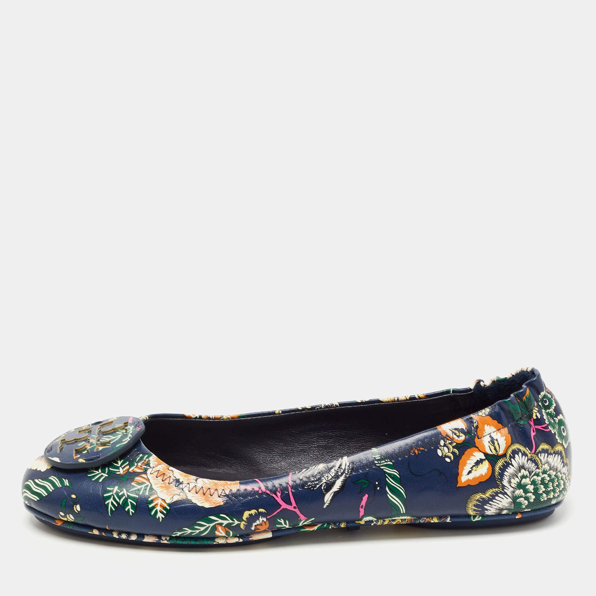 Tory Burch Navy Blue Printed Floral Leather Minnie Travel Ballet Flats Size   Tory Burch | TLC