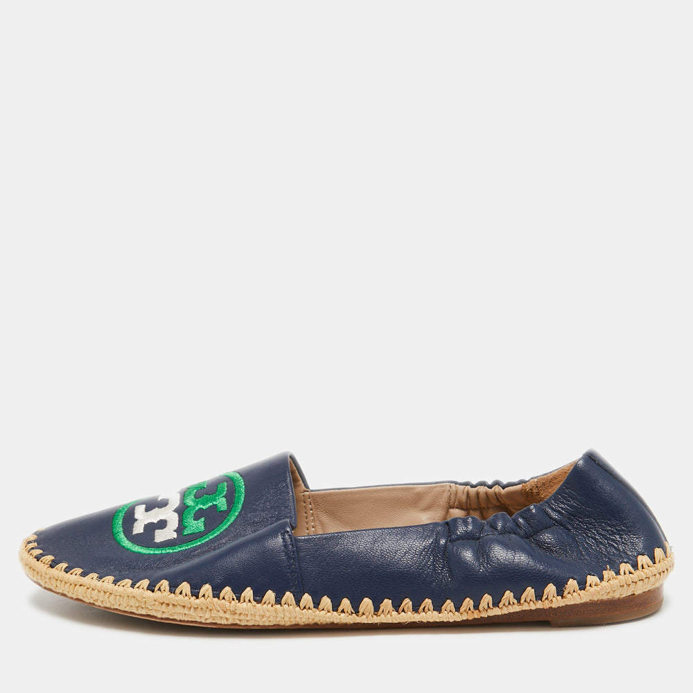 Pre Owned Tory Burch Navy Blue Leather Espadrille Flats Size 37