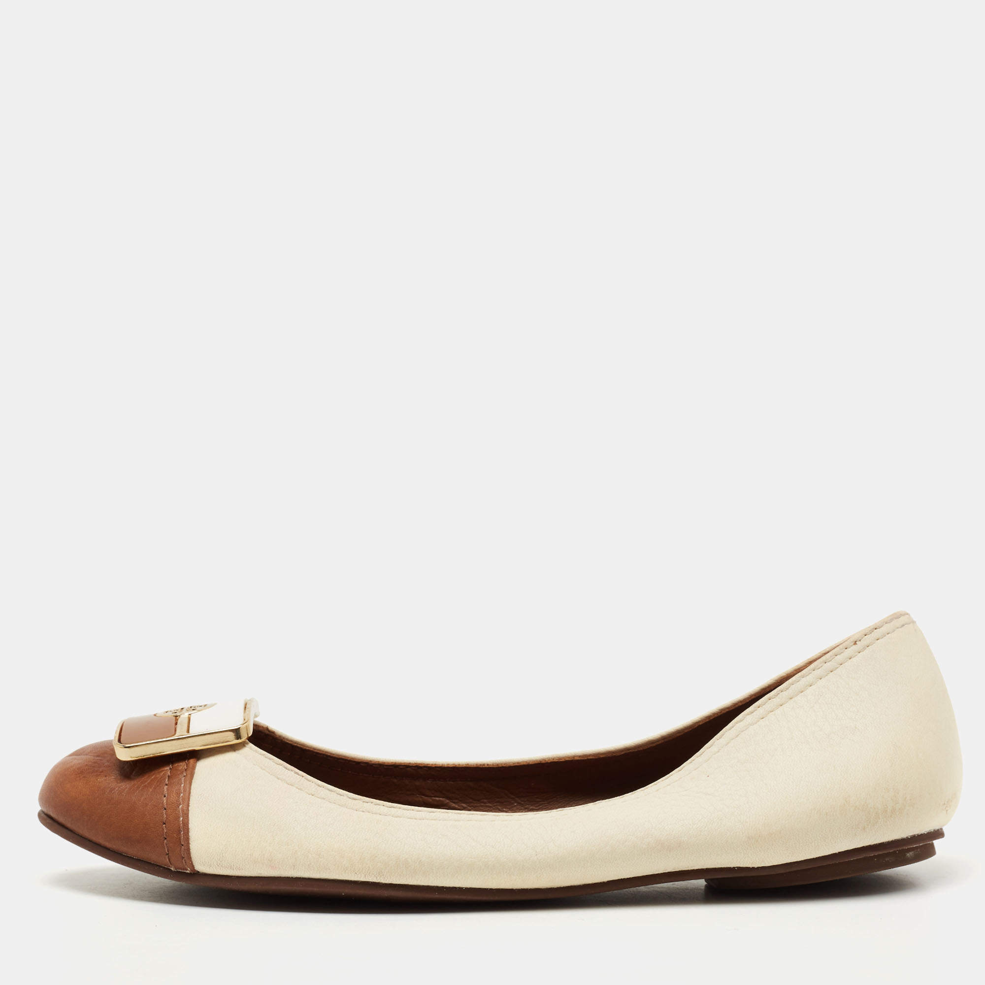 Tory Burch Brown/Off White Leather Ballet Flats Size  Tory Burch | TLC