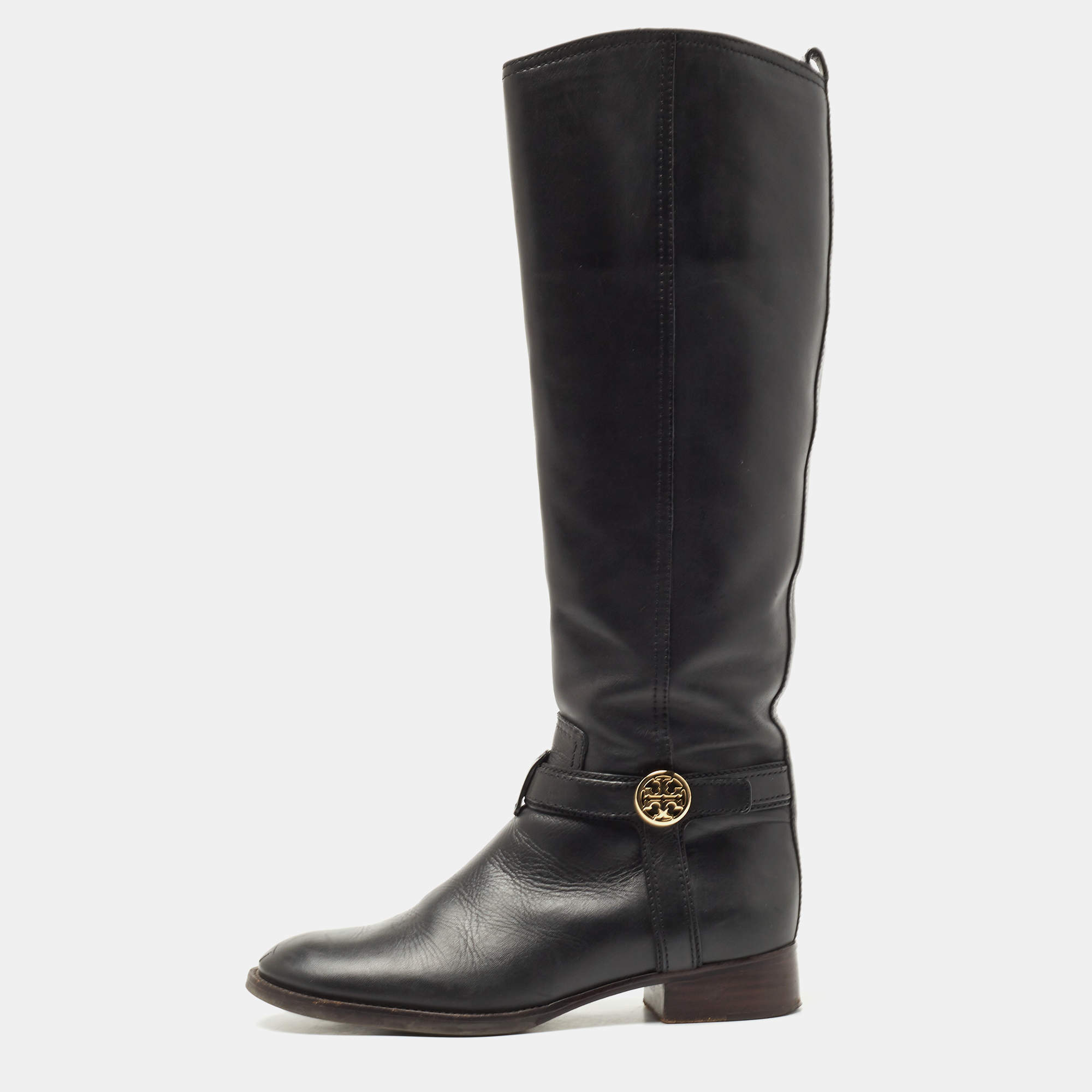 Pre Owned Tory Burch Black Leather Reva Knee Length Boots Size 36.5