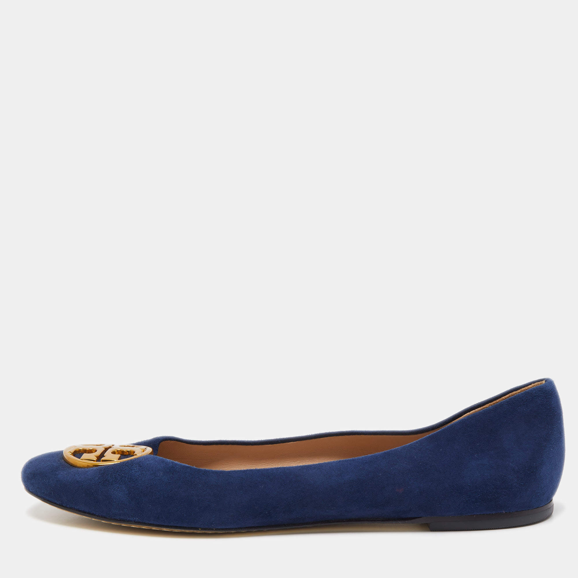 Pre Owned Tory Burch Navy Blue Suede Reva Ballet Flats Size 39.5