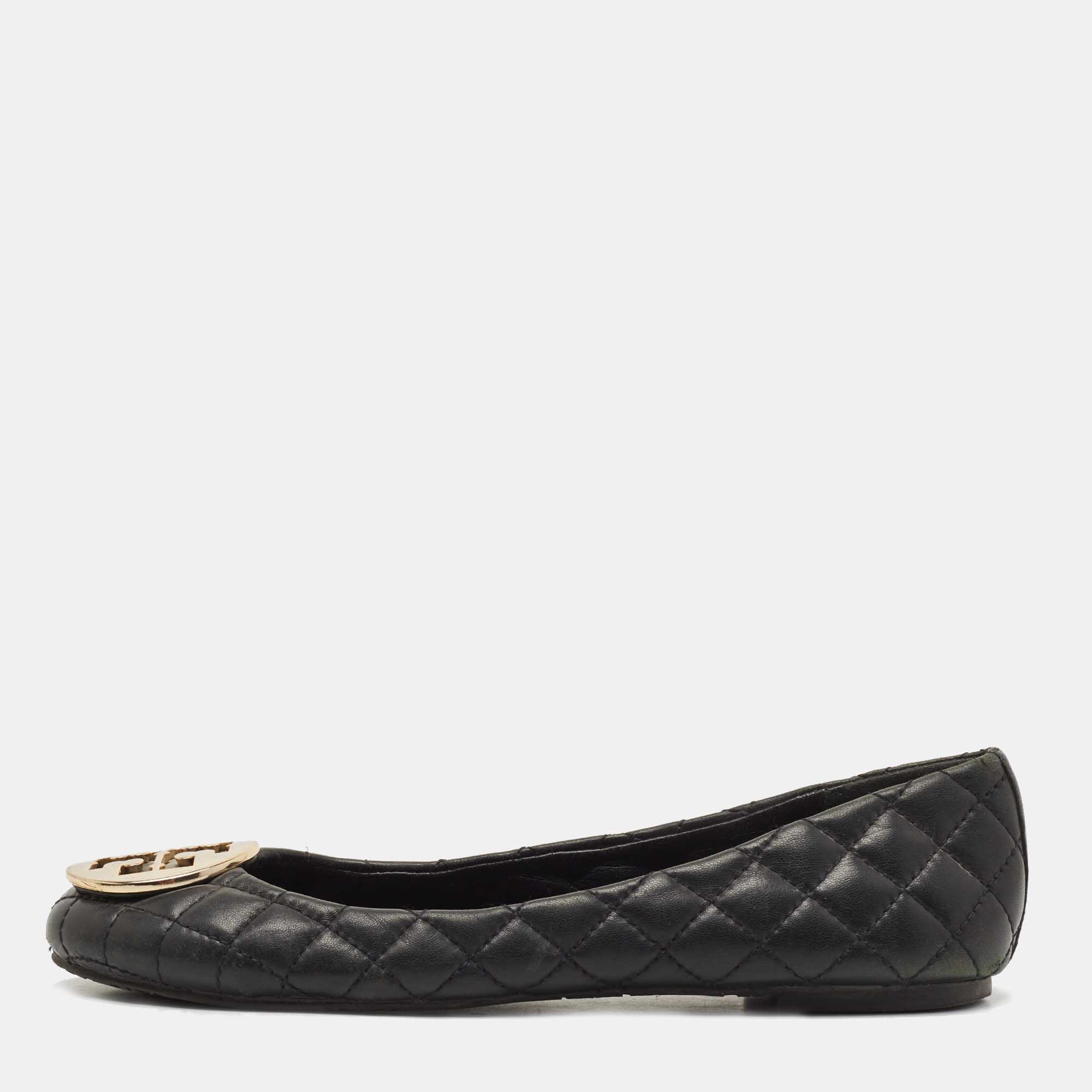 Pre Owned Tory Burch Black Quilted Leather Reva Ballet Flats Size 38.5