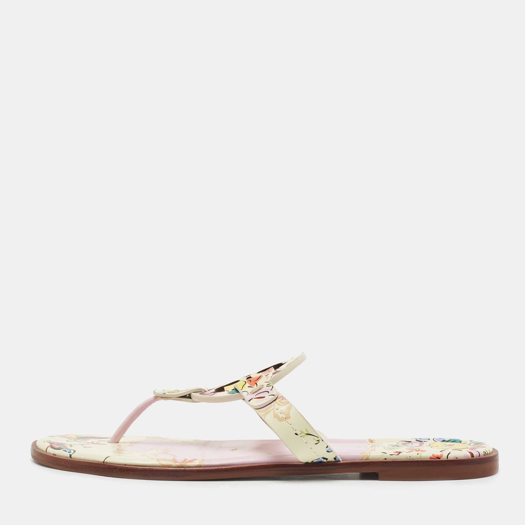 Pre Owned Tory Burch Cream/Pink Printed Leather Miller Thong Flats Size 38.5