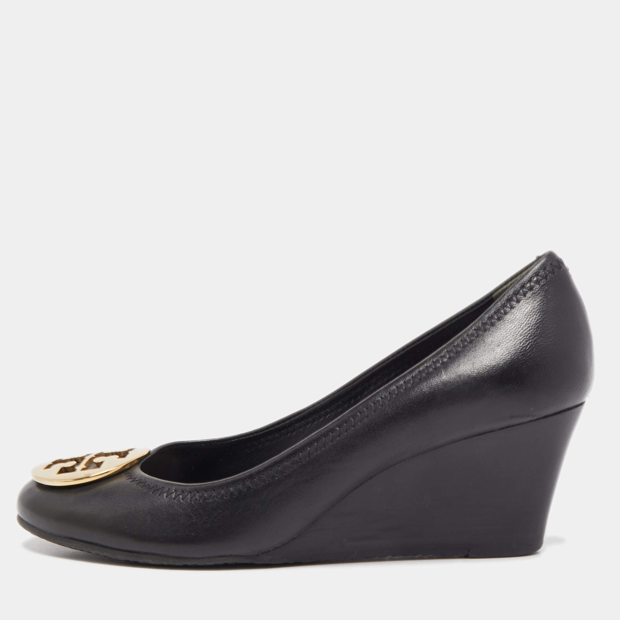 Pre Owned Tory Burch Black Leather Sophie Wedge Pumps Size 39.5