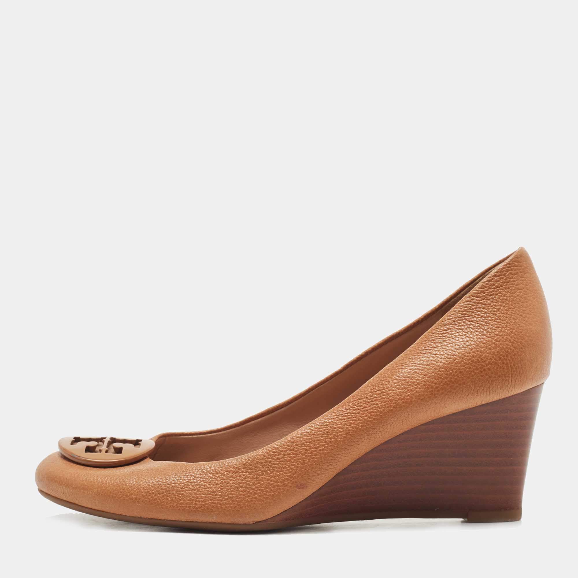 Pre Owned Tory Burch Brown Leather Wedge Pumps Size 37