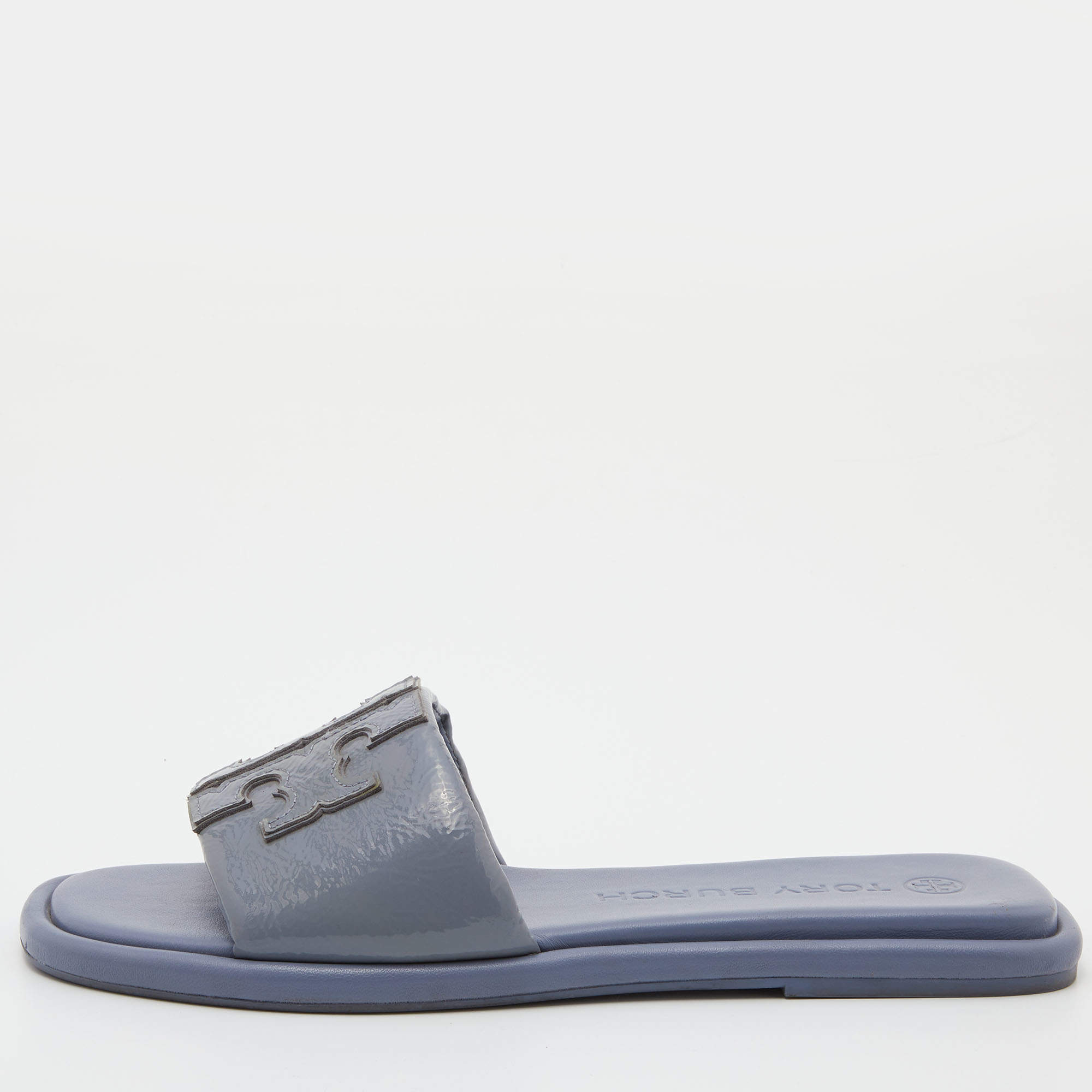 Pre Owned Tory Burch Ash Blue Patent Leather Double T Sport Slides Size 39.5