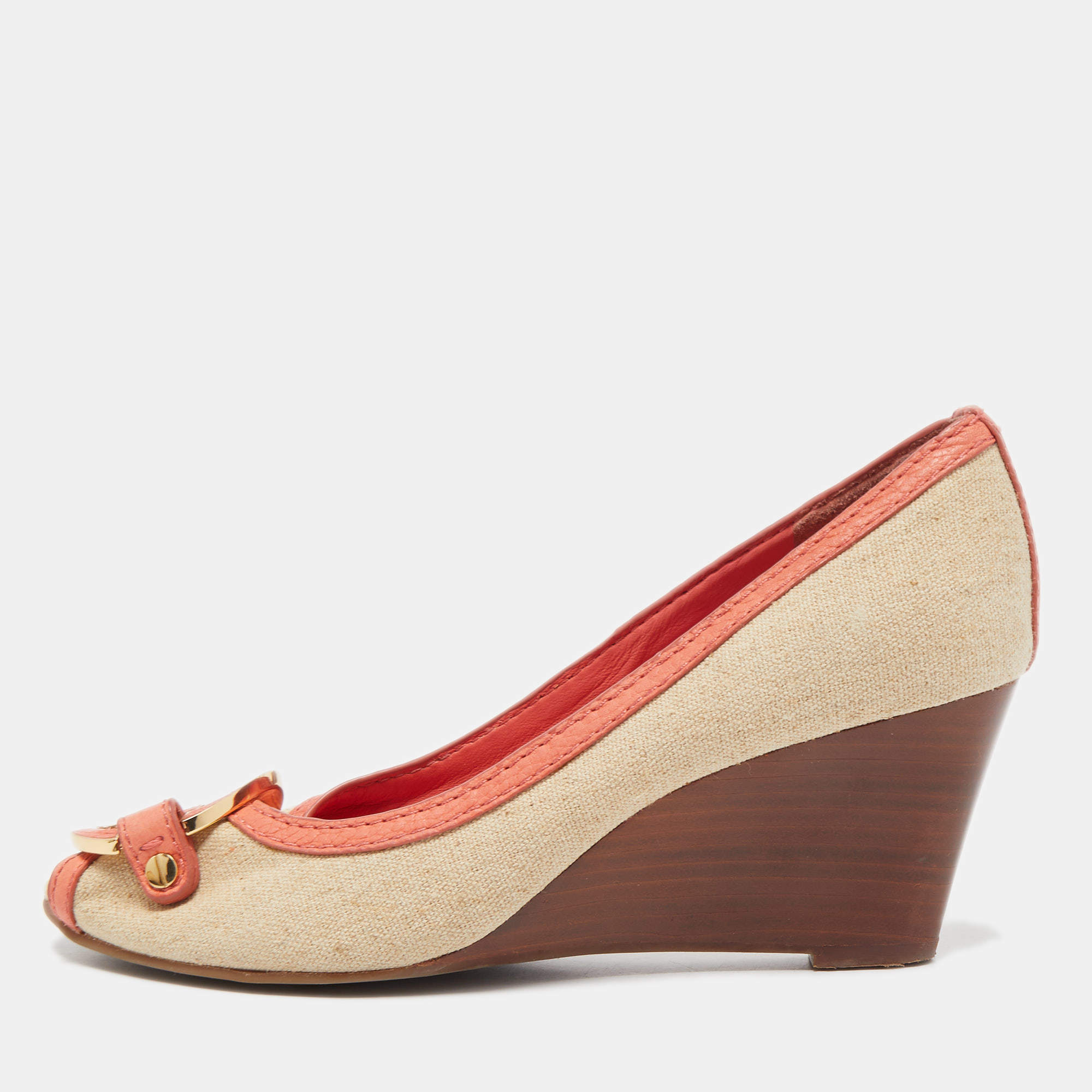 Pre Owned Tory Burch Coral Orange/Beige Leather and Canvas Amanda Peep Toe Wedge Pumps Size 37.5
