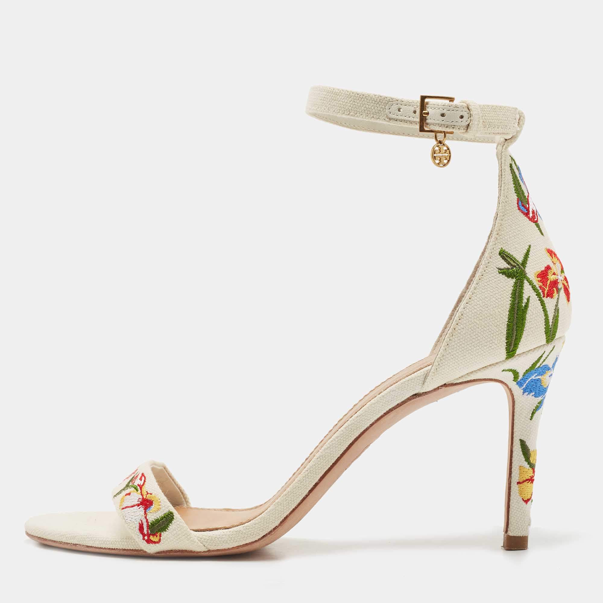Pre Owned Tory Burch Off-White Embroidered Canvas Ankle Strap Sandals Size 39